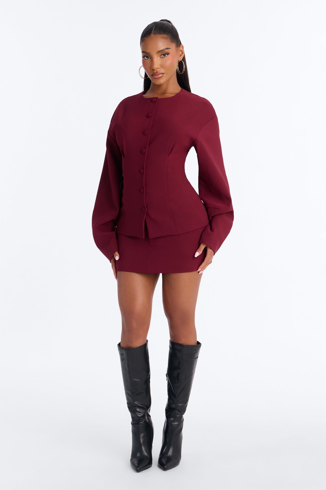 Happy Hour Fitted Waist Collarless Boxy Blazer - Wine image 9