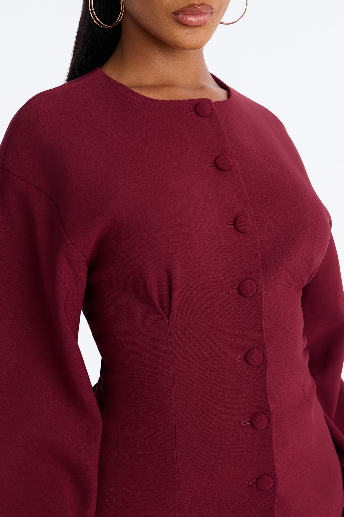 Happy Hour Fitted Waist Collarless Boxy Blazer - Wine image 10