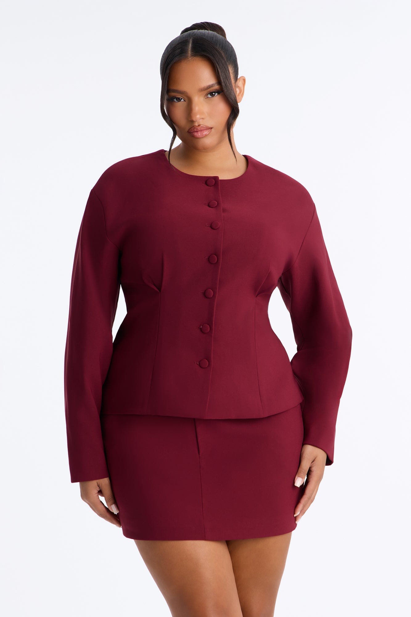 Happy Hour Fitted Waist Collarless Boxy Blazer - Wine image 2