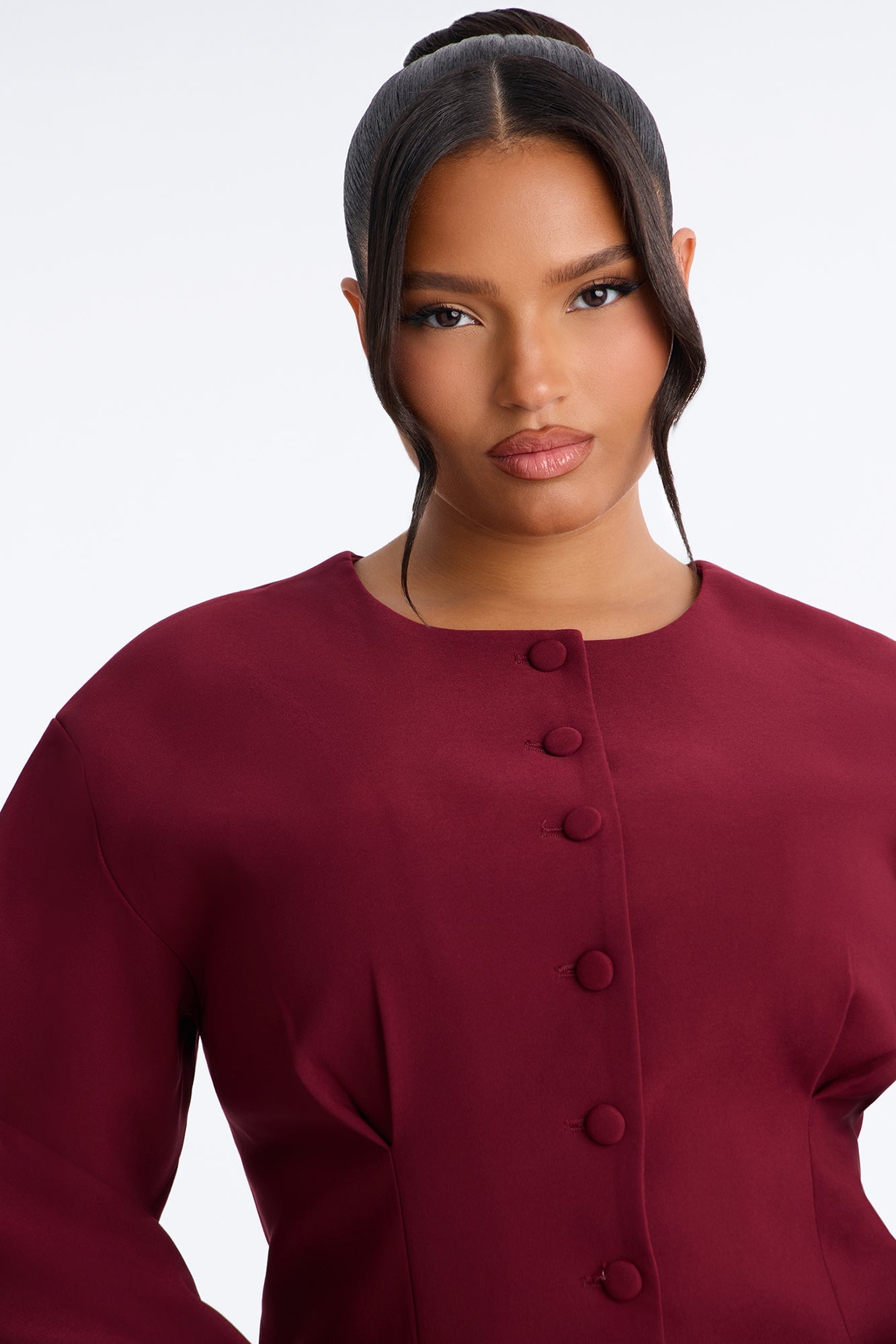 Happy Hour Fitted Waist Collarless Boxy Blazer - Wine image 3