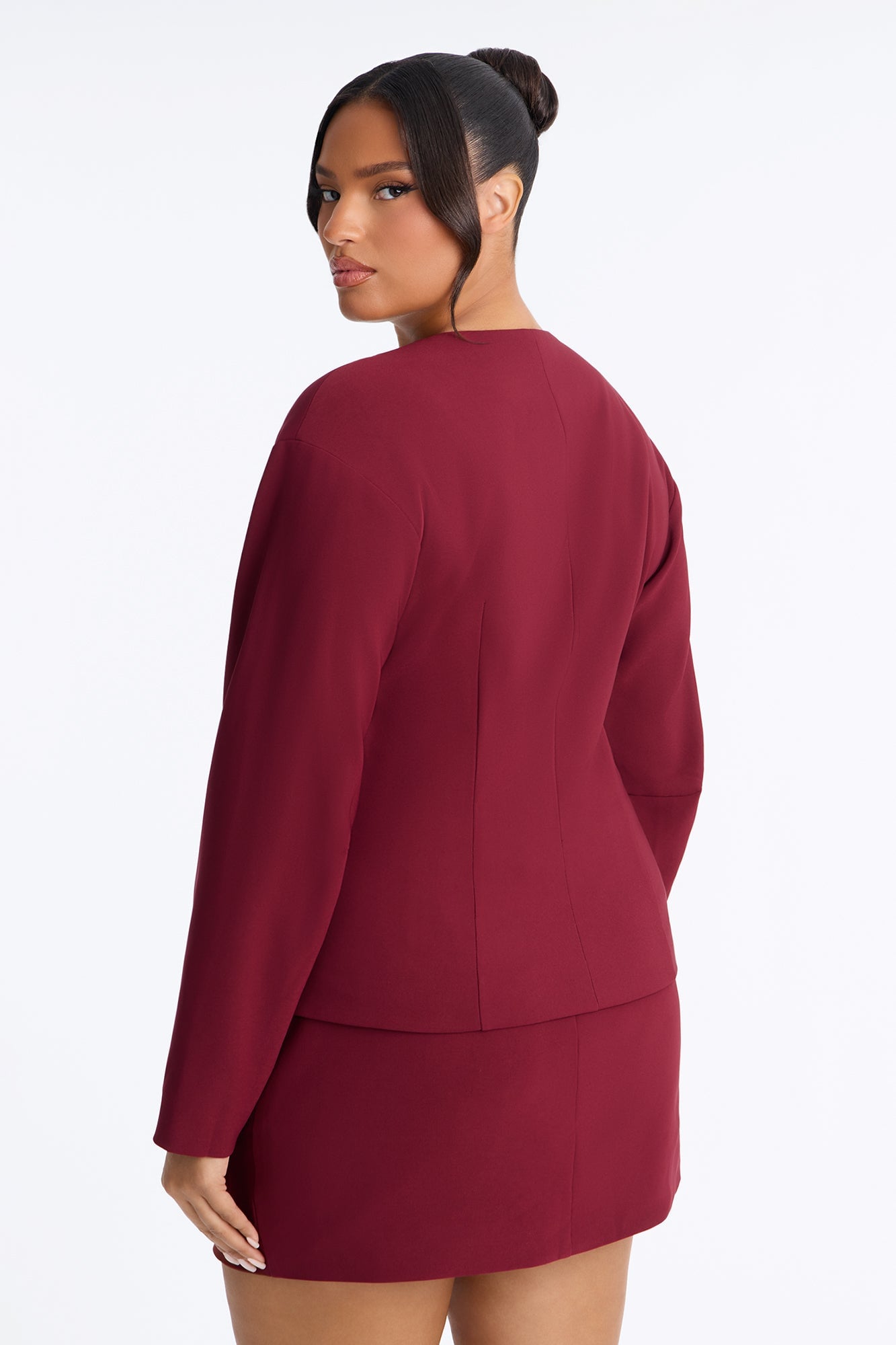 Happy Hour Fitted Waist Collarless Boxy Blazer - Wine image 4