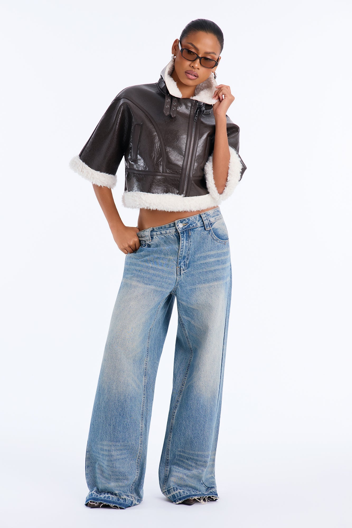 She's Sassy Short Sleeve Faux Leather Cropped Moto Jacket - Brown image 2