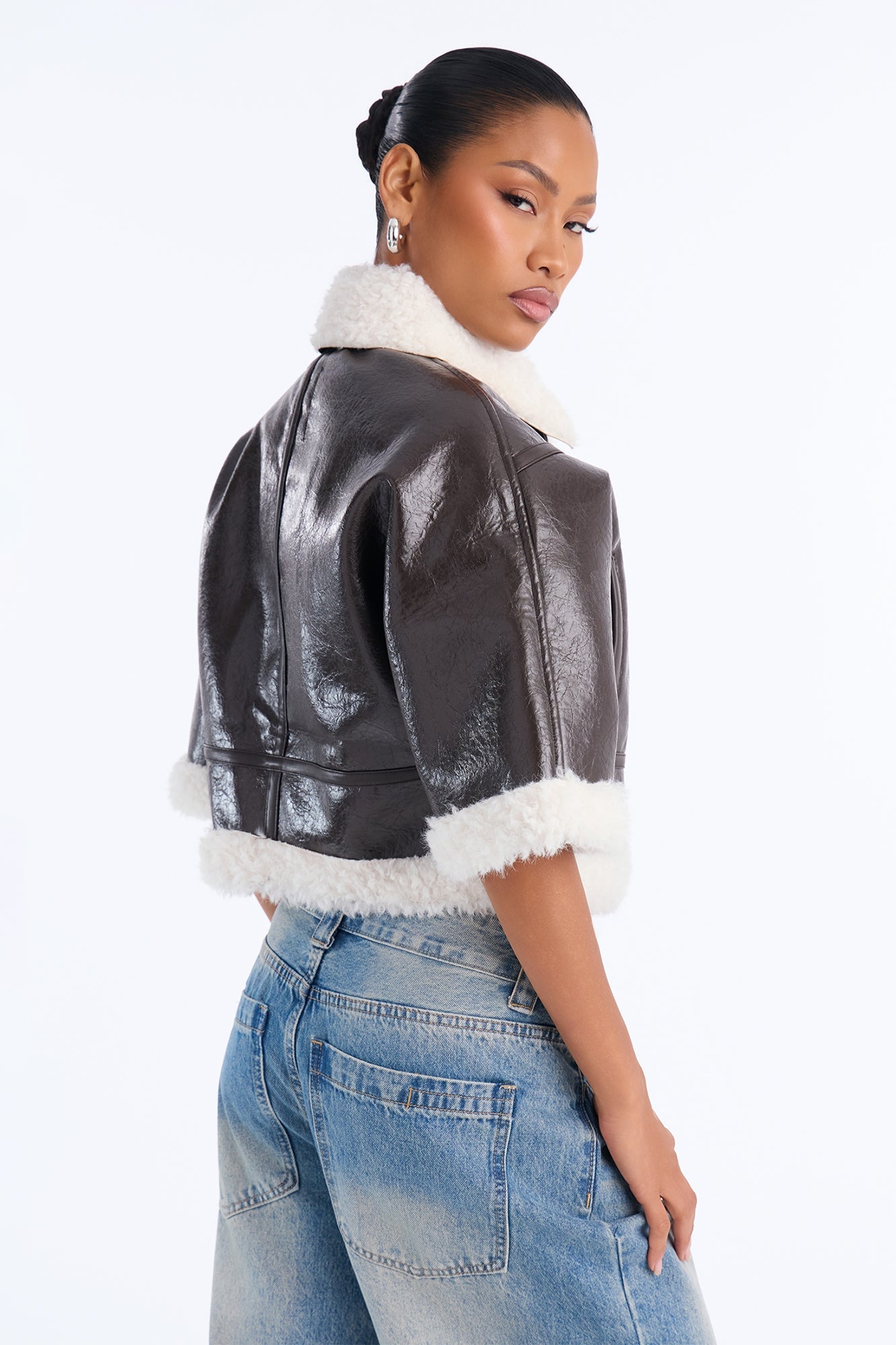 She's Sassy Short Sleeve Faux Leather Cropped Moto Jacket - Brown image 4