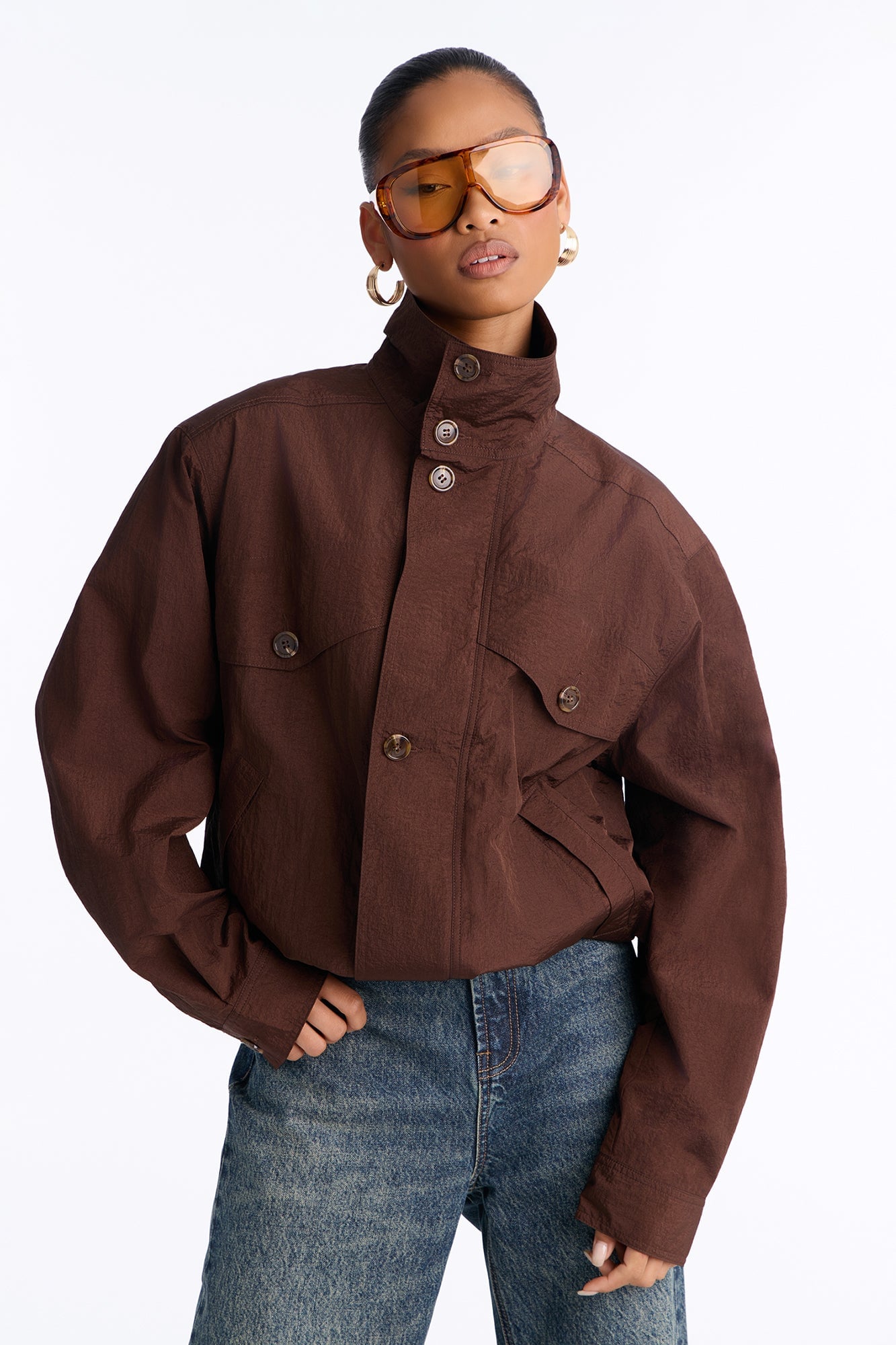 Pretty Chill Funnel Neck Windbreaker - Chocolate image 7