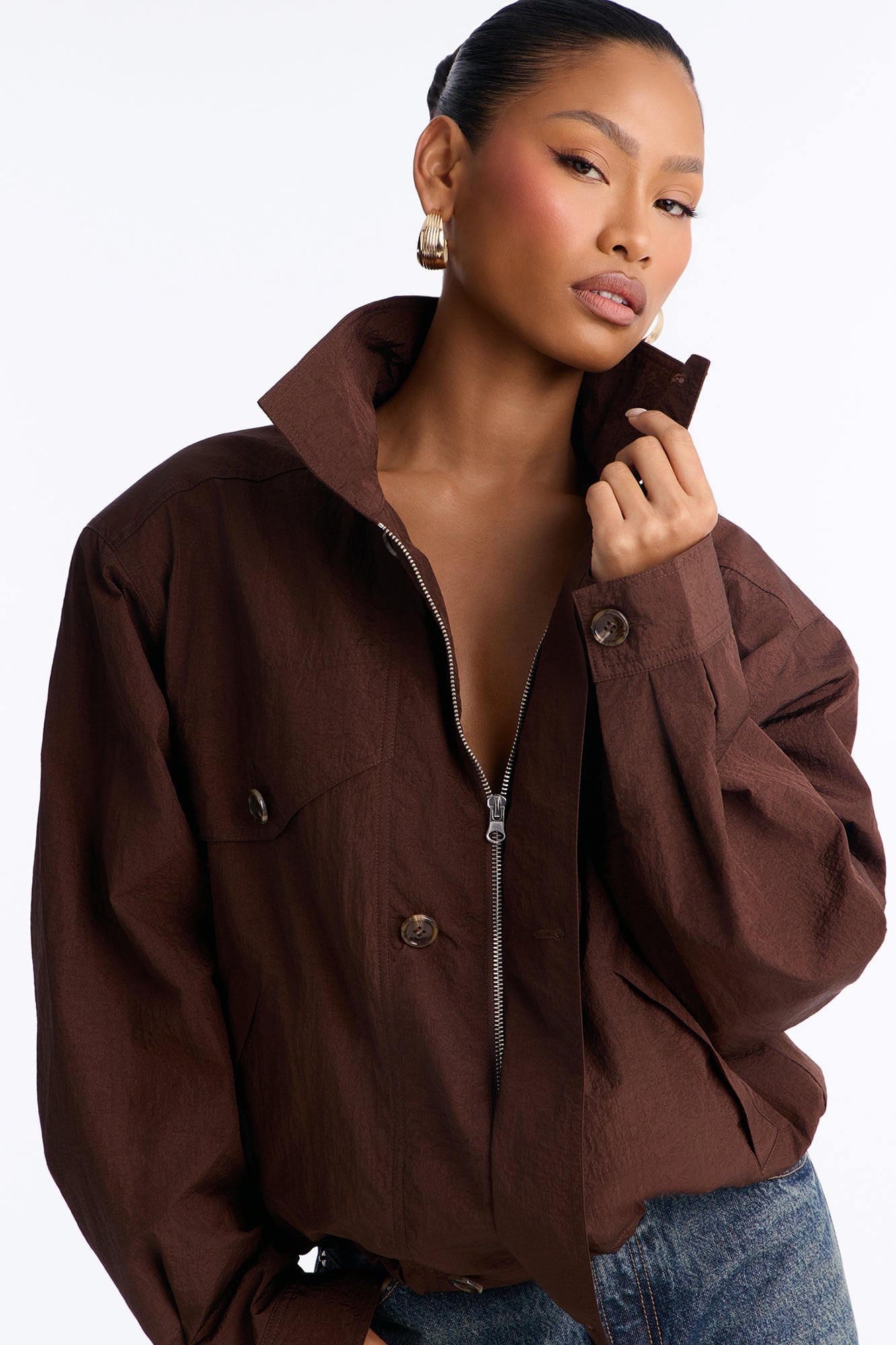 Pretty Chill Funnel Neck Windbreaker - Chocolate image 5