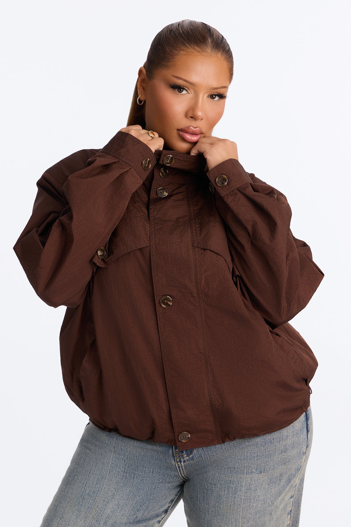 Pretty Chill Funnel Neck Windbreaker - Chocolate image 1