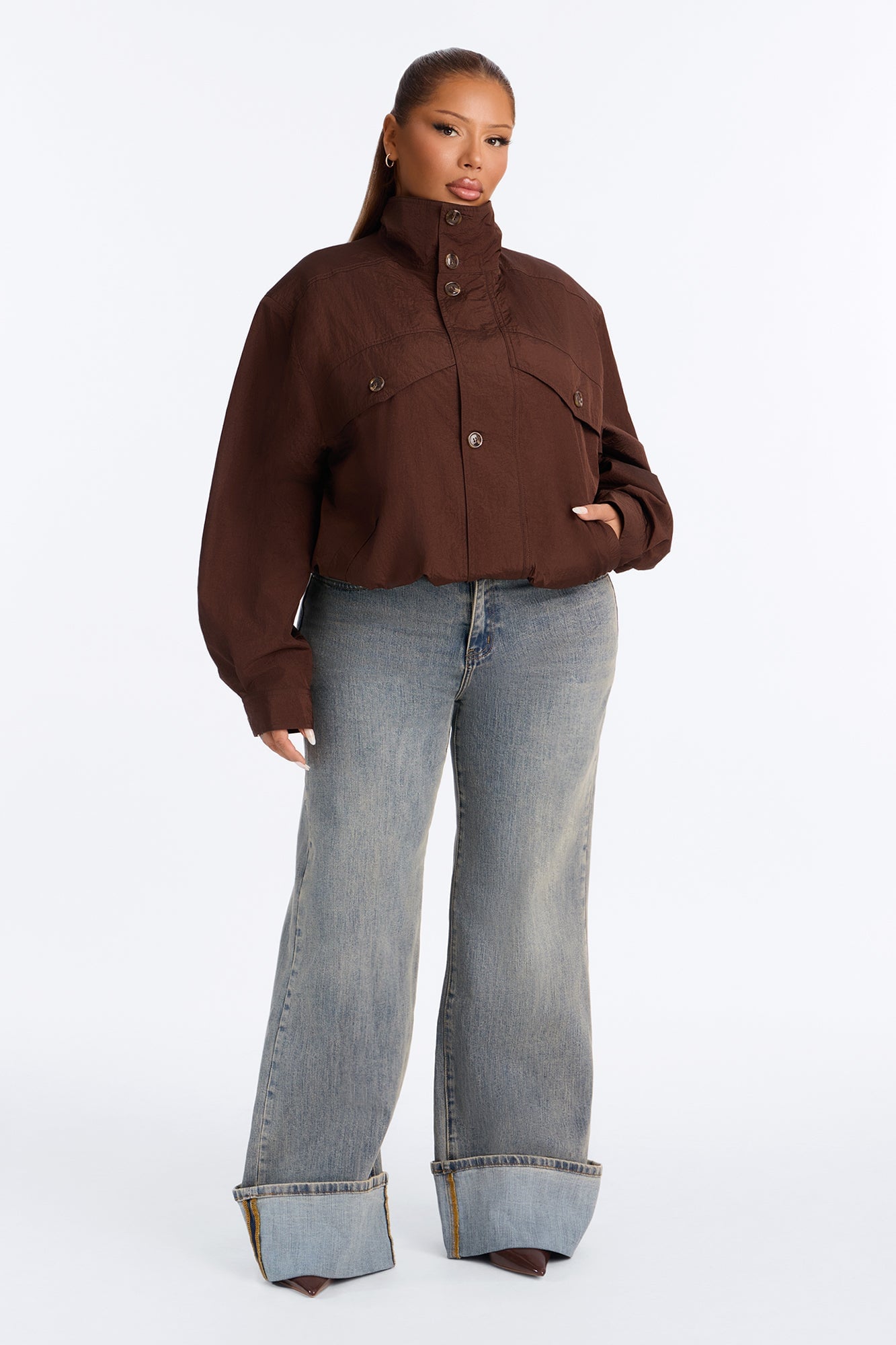 Pretty Chill Funnel Neck Windbreaker - Chocolate image 2