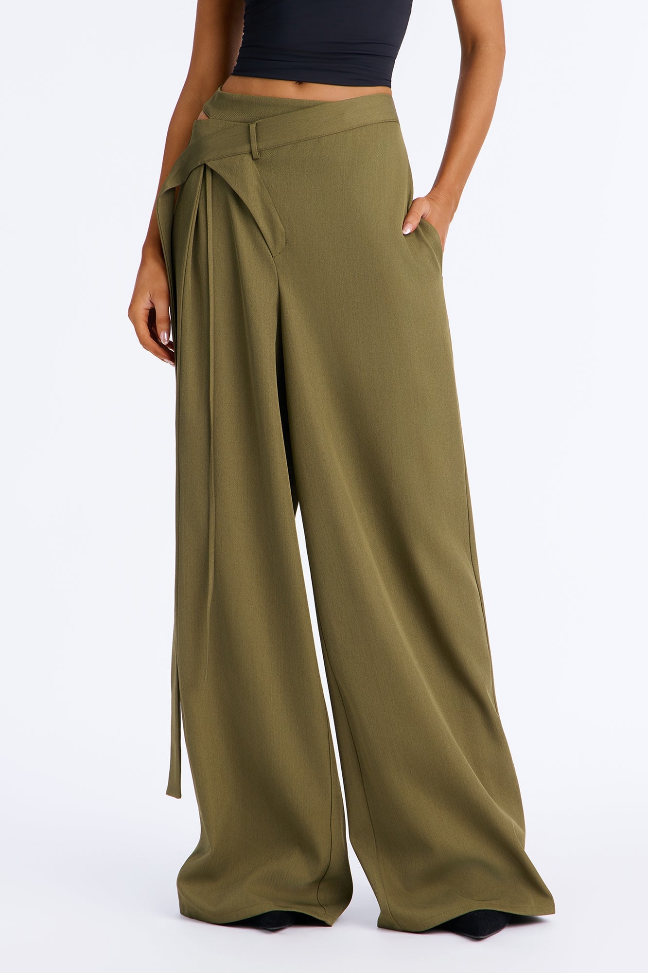 All Wrapped Up Cutout Wide Leg Trousers - Olive image 6