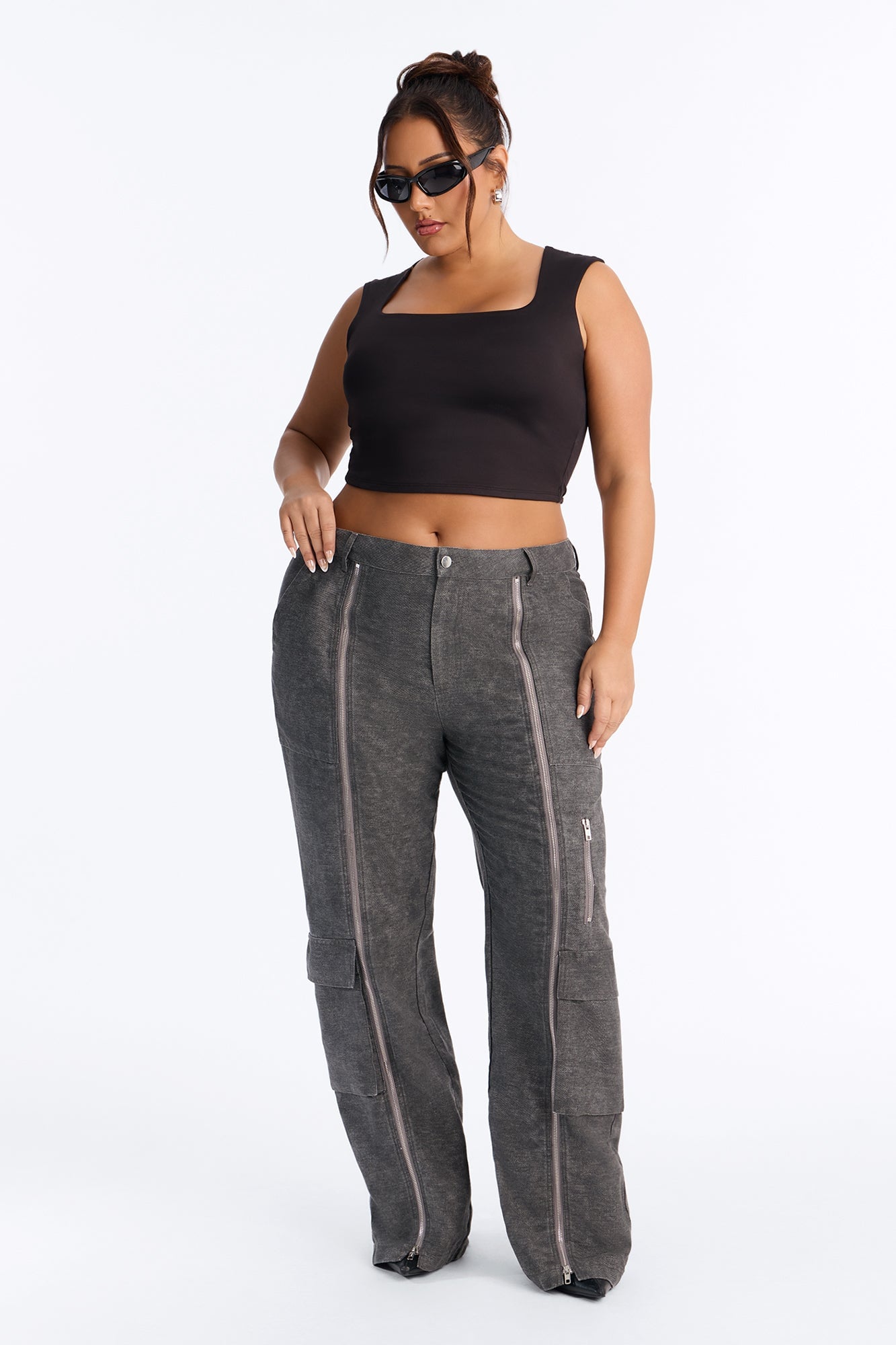 Jordyn Low Rise Washed Zipper Wide Leg Pant - Charcoal image 1
