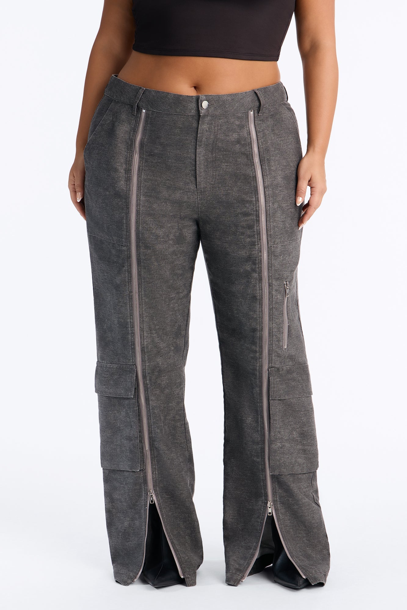 Jordyn Low Rise Washed Zipper Wide Leg Pant - Charcoal image 2