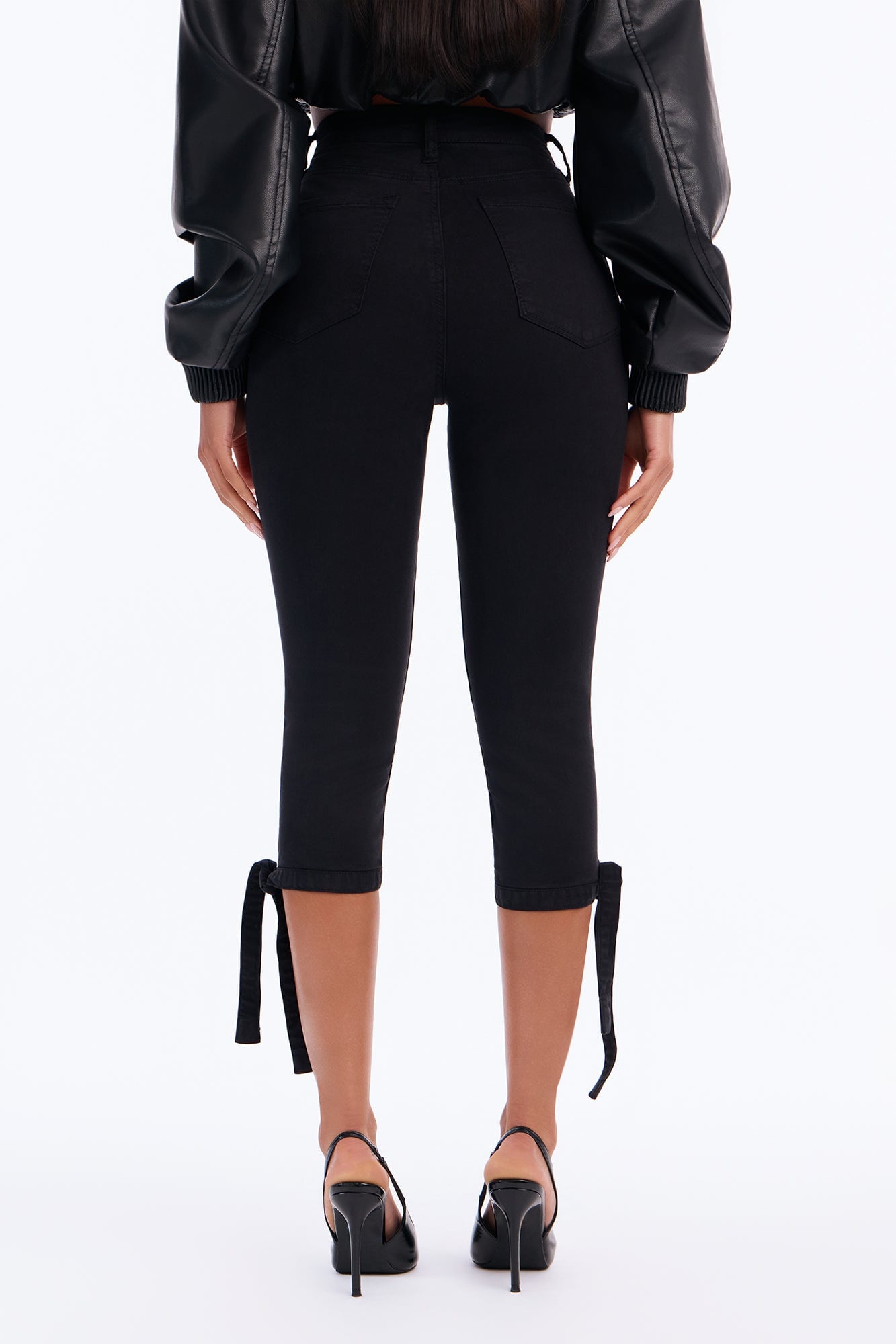 Classic Color High Waist Bow Tie Capri Jeans - Black image 8