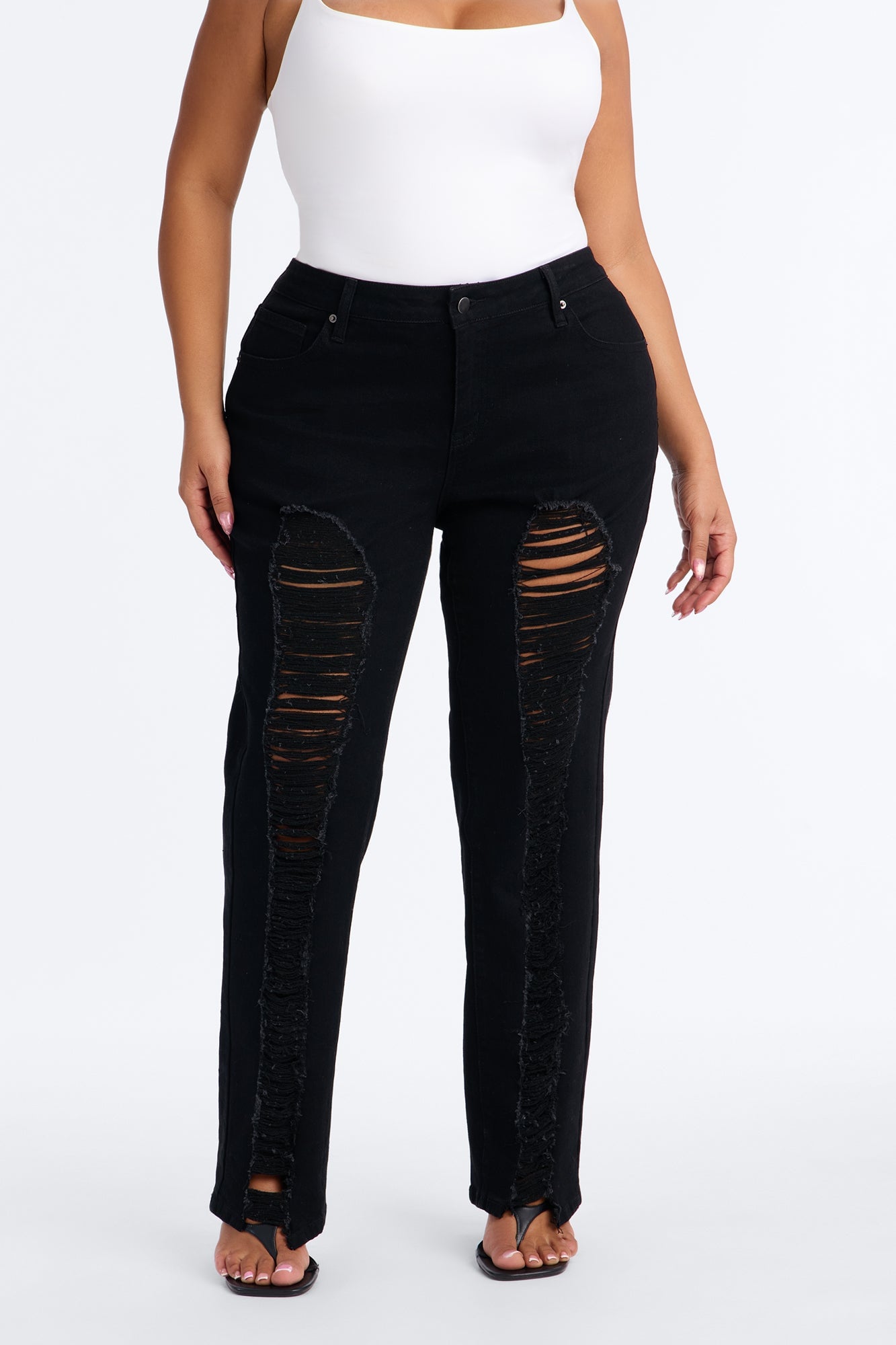 Hollywood Ripped Low Waist Straight Leg Jeans - Black image 2