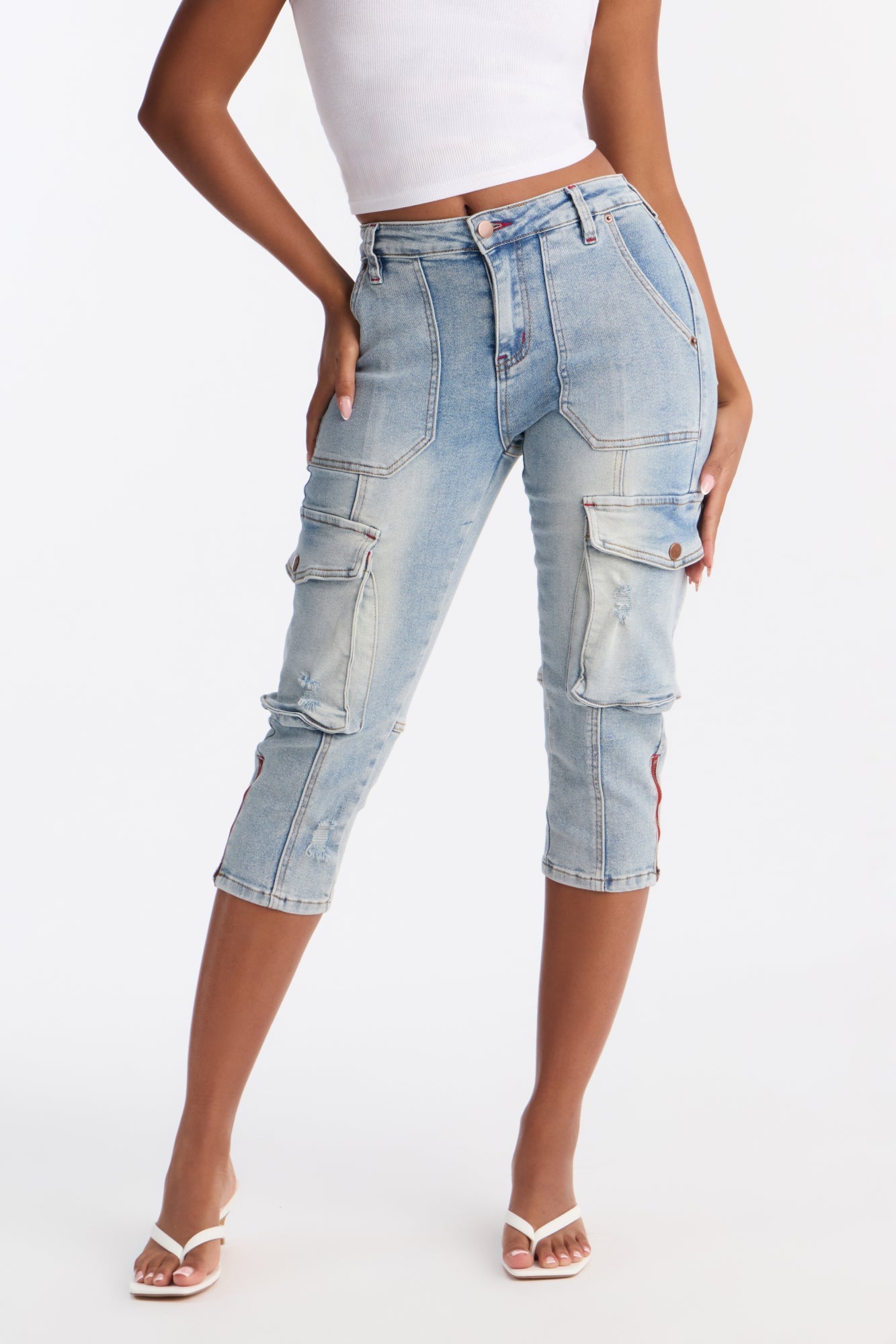 Presilla Stretch Cargo Skinny Capri Jeans - Light Wash image 2