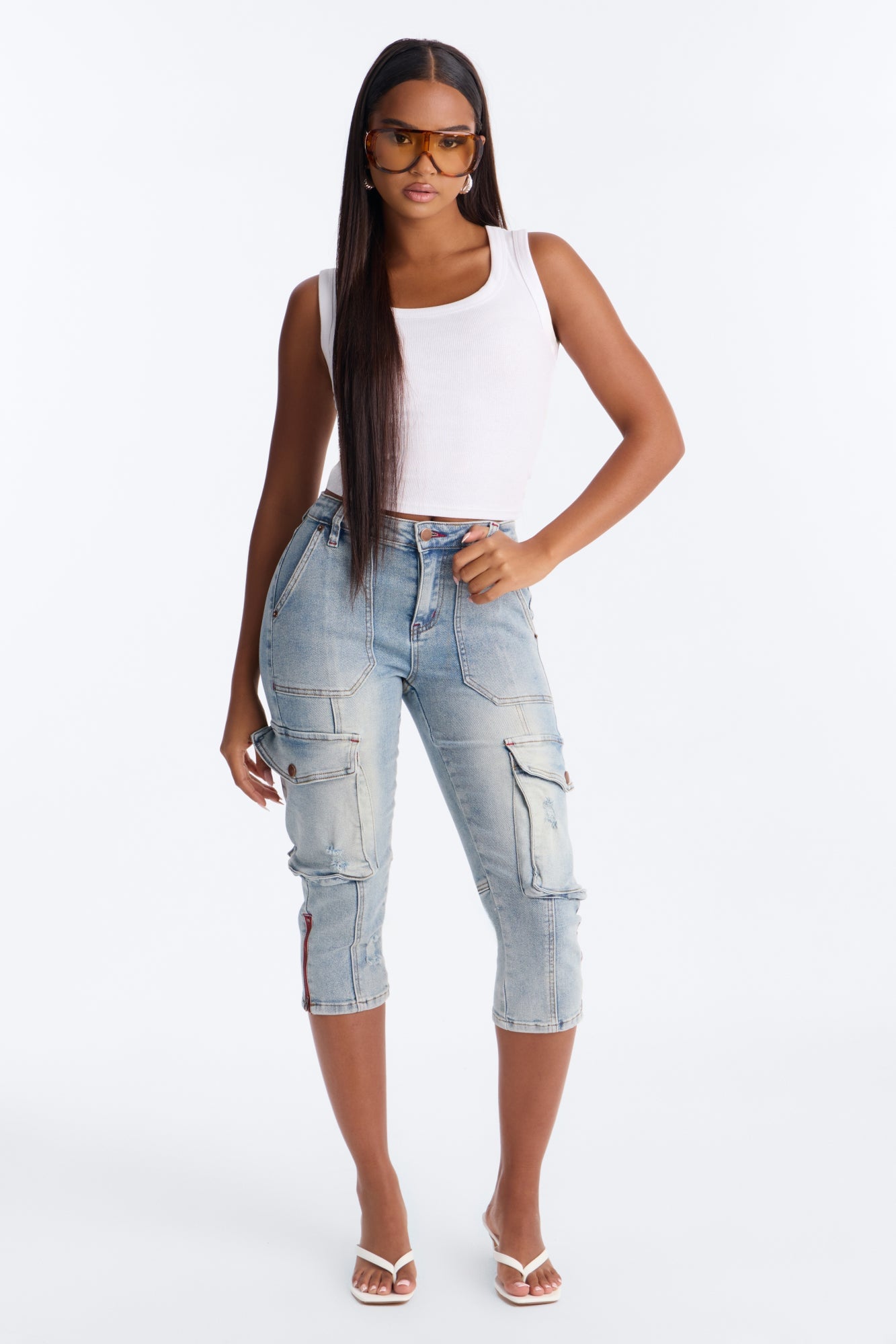 Presilla Stretch Cargo Skinny Capri Jeans - Light Wash image 1