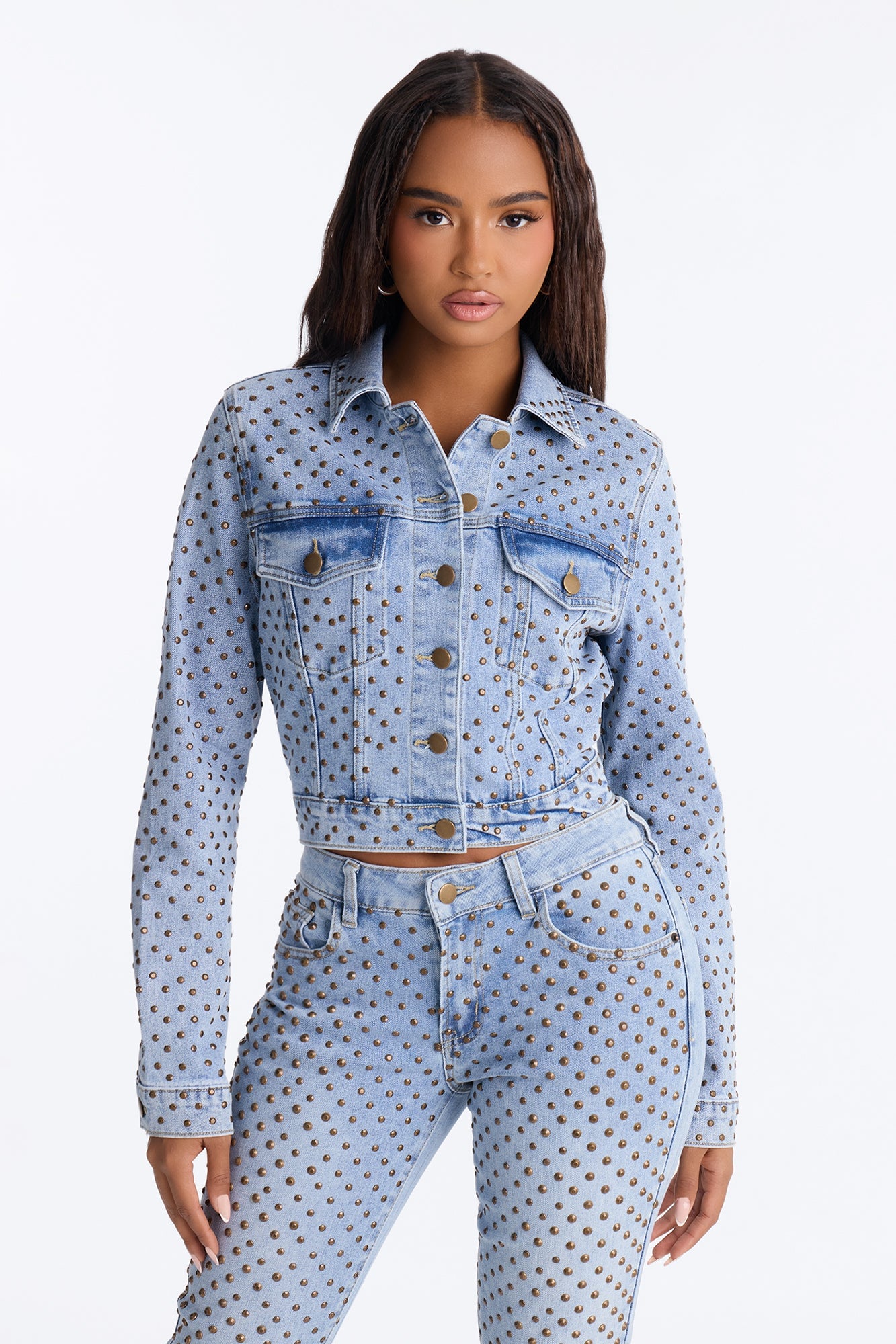 Paris Premium Stud Embellished Denim Jacket - Light Wash image 5
