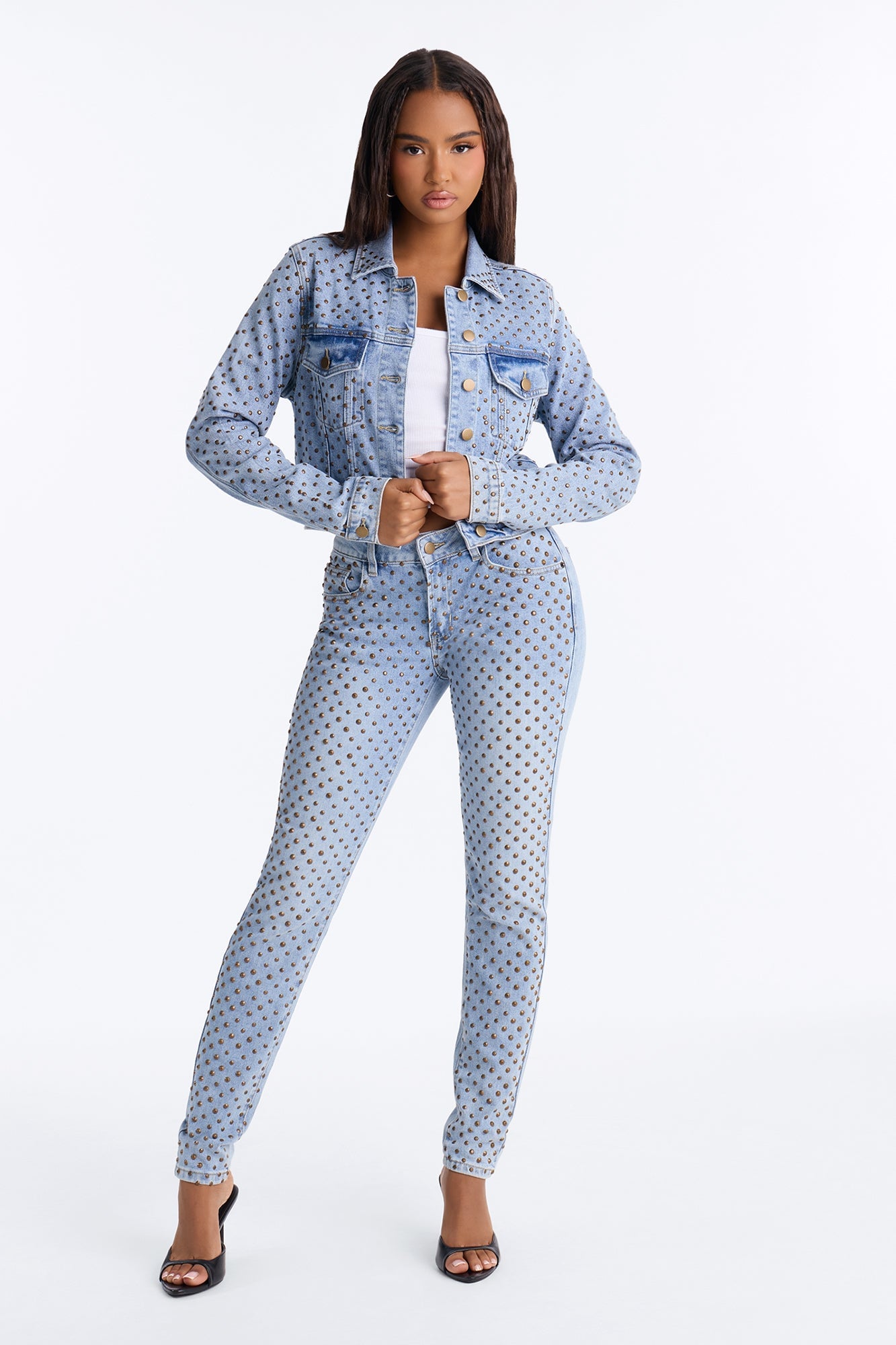 Paris Premium Stud Embellished Denim Jacket - Light Wash image 6