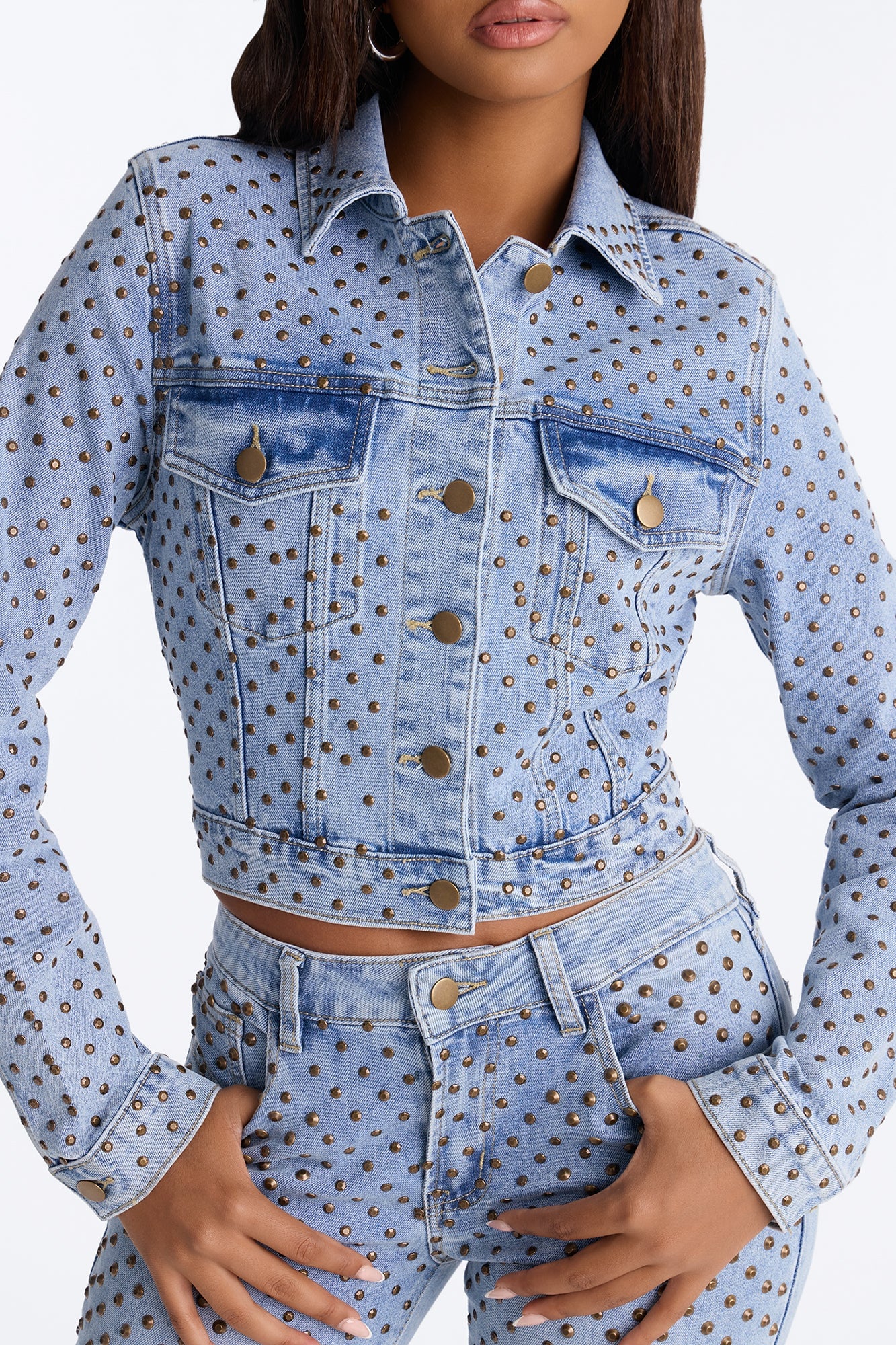 Paris Premium Stud Embellished Denim Jacket - Light Wash image 7