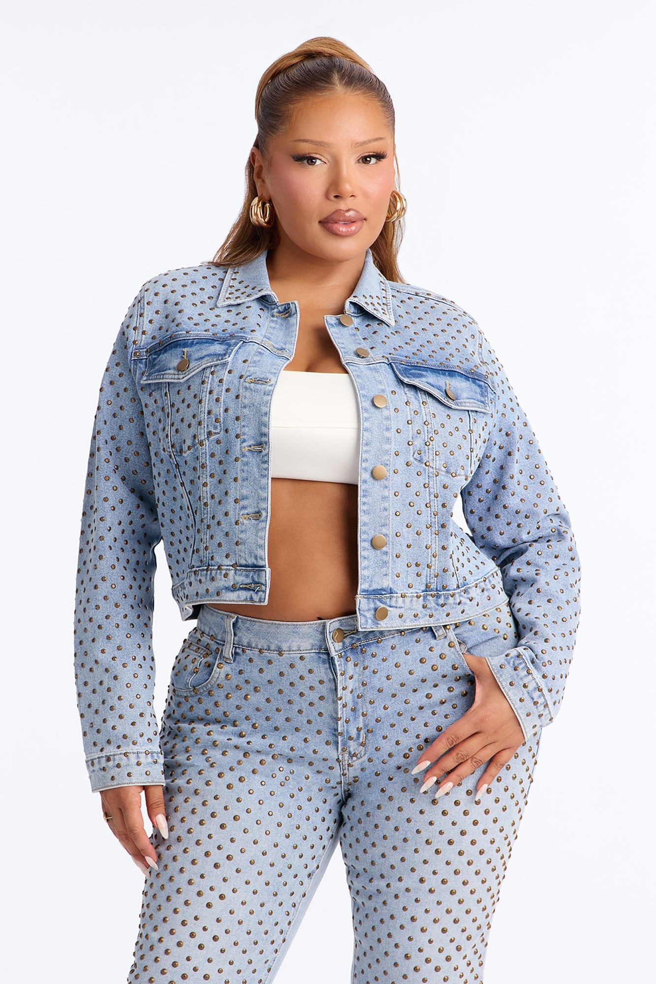 Paris Premium Stud Embellished Denim Jacket - Light Wash image 1