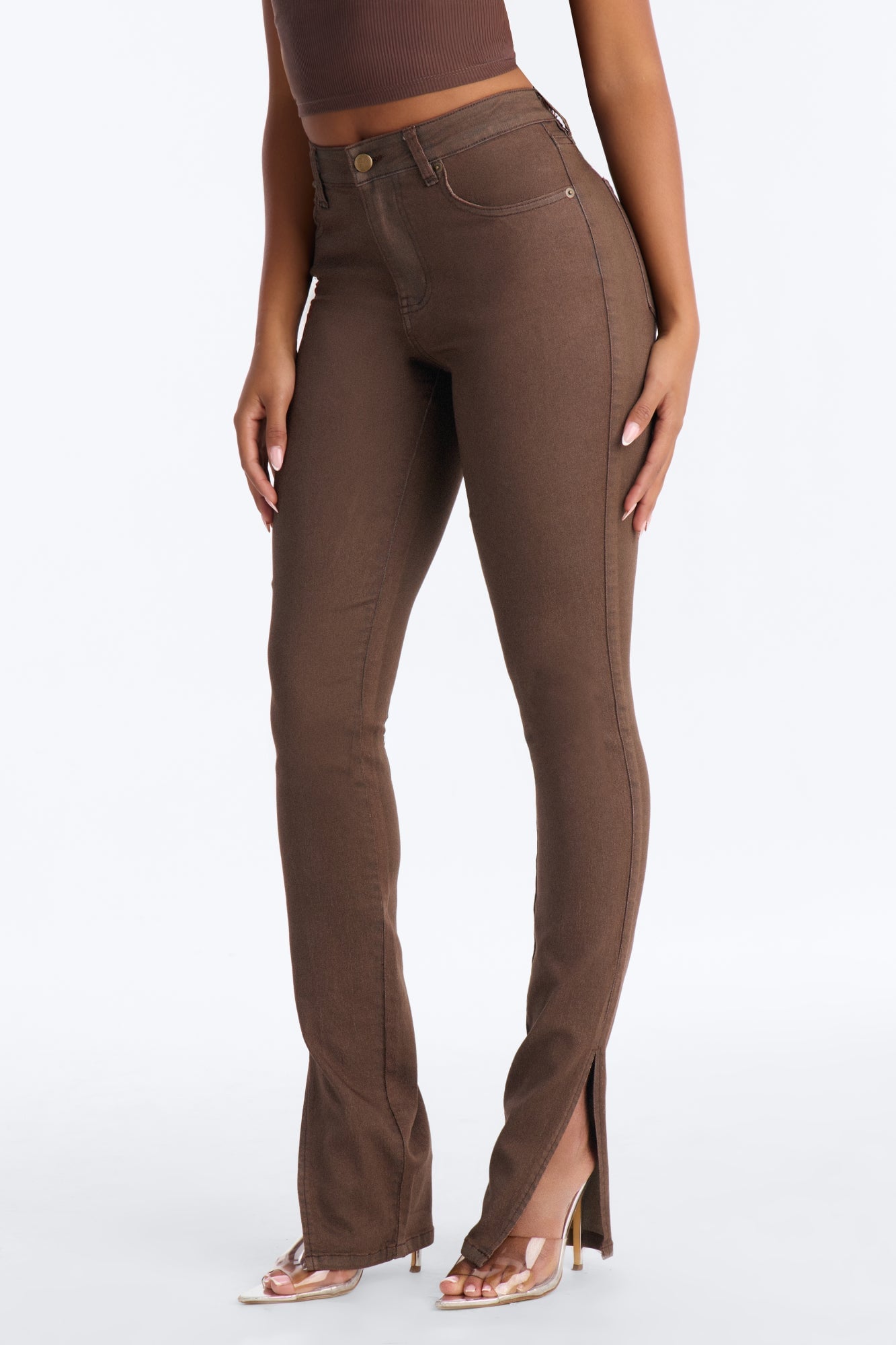 Sierra Split Hem High Rise Stretch Skinny Jeans - Brown image 6