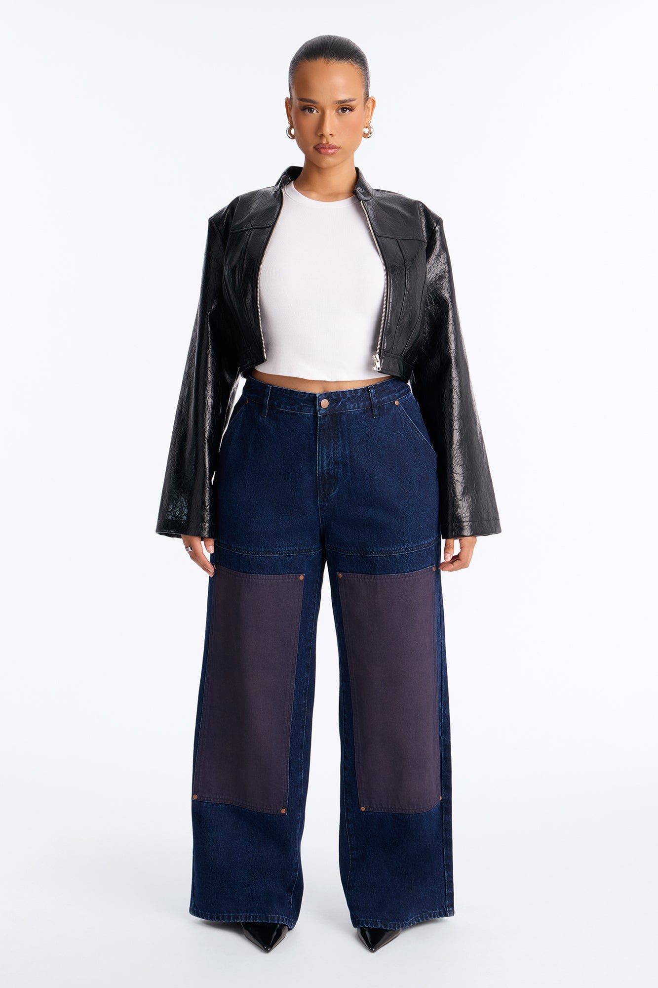 Portia Paneled Utility Baggy Jeans - Dark Wash image 2