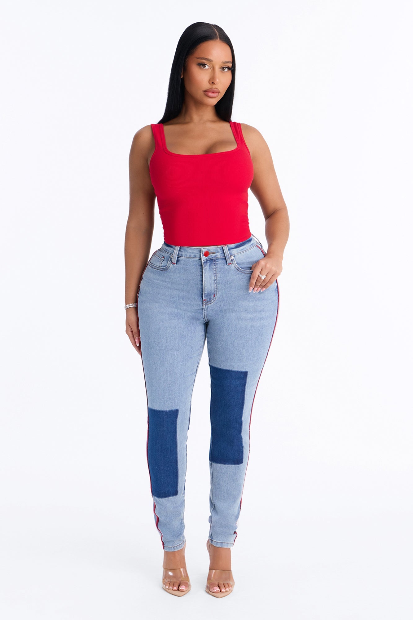 Fast Track Two Tone High Rise Skinny Jeans - Medium Wash image 5