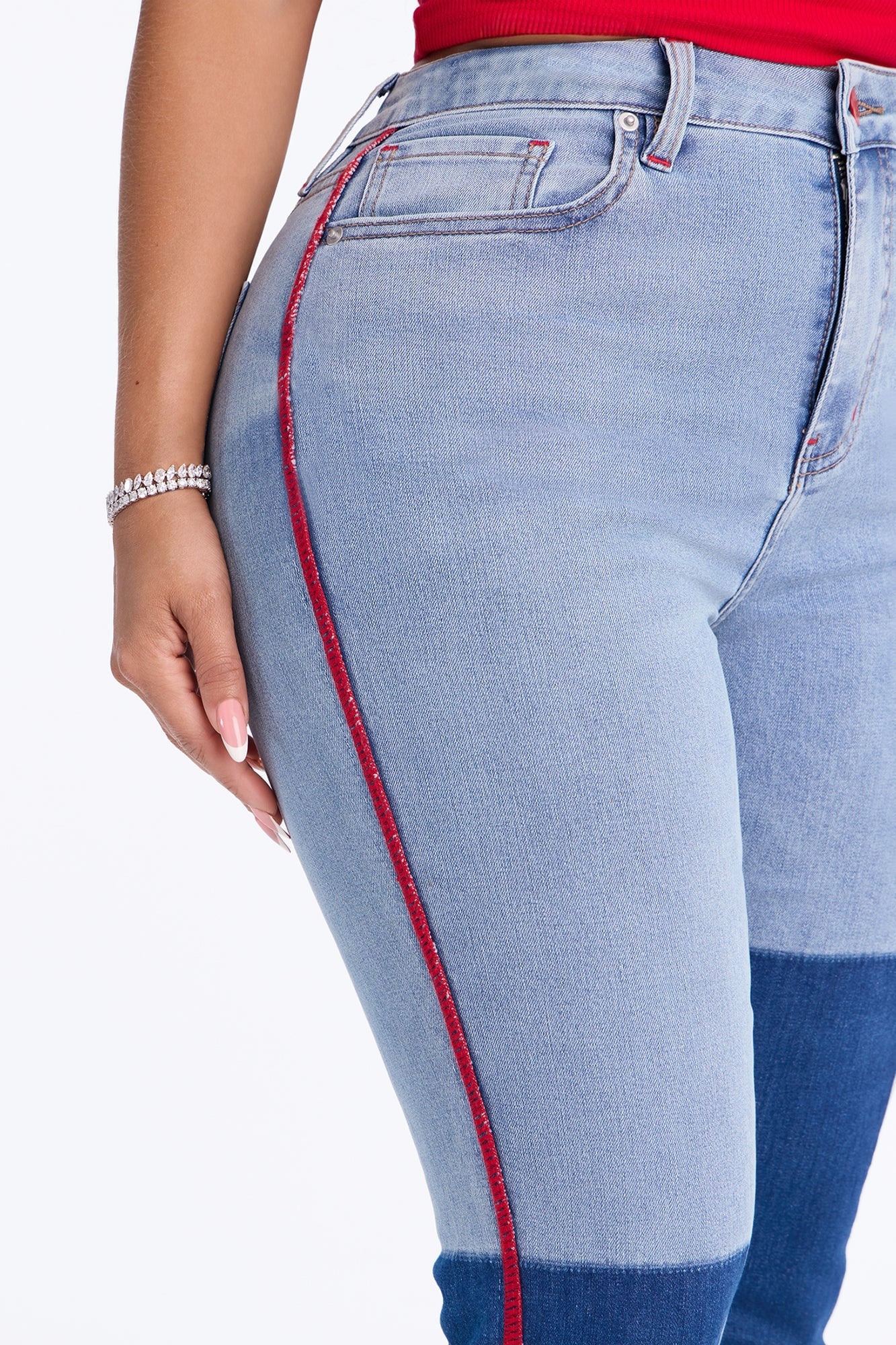 Fast Track Two Tone High Rise Skinny Jeans - Medium Wash image 7
