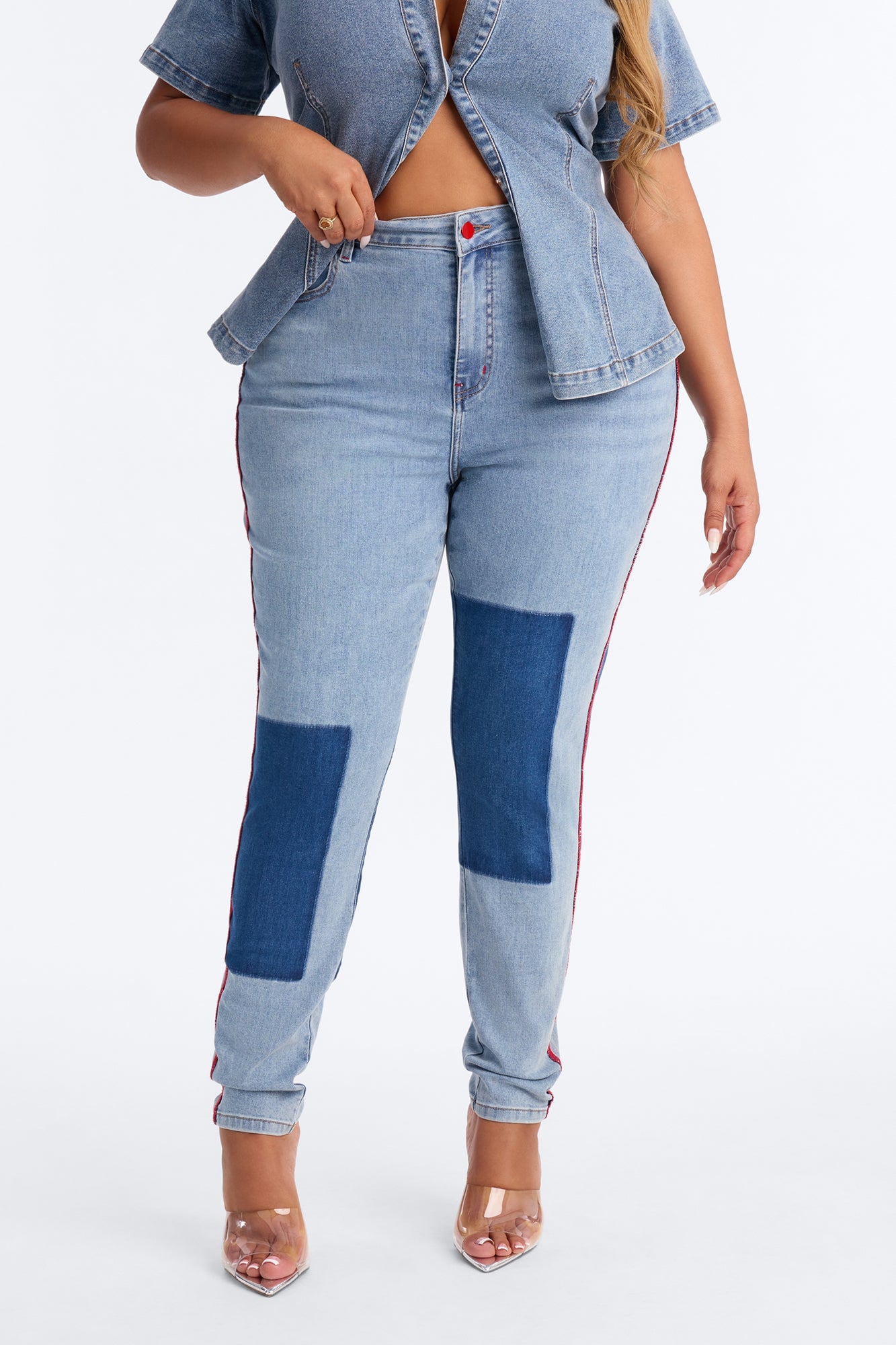 Fast Track Two Tone High Rise Skinny Jeans - Medium Wash image 1