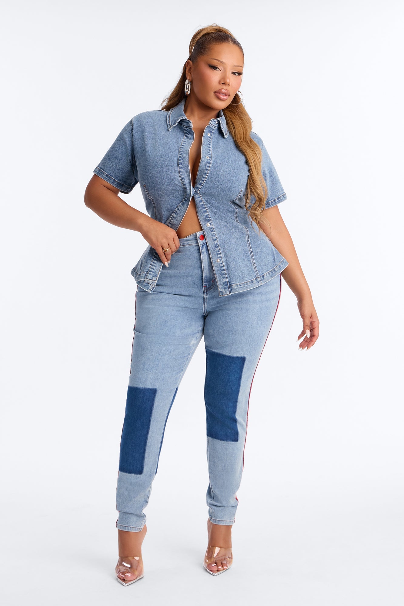 Fast Track Two Tone High Rise Skinny Jeans - Medium Wash image 2