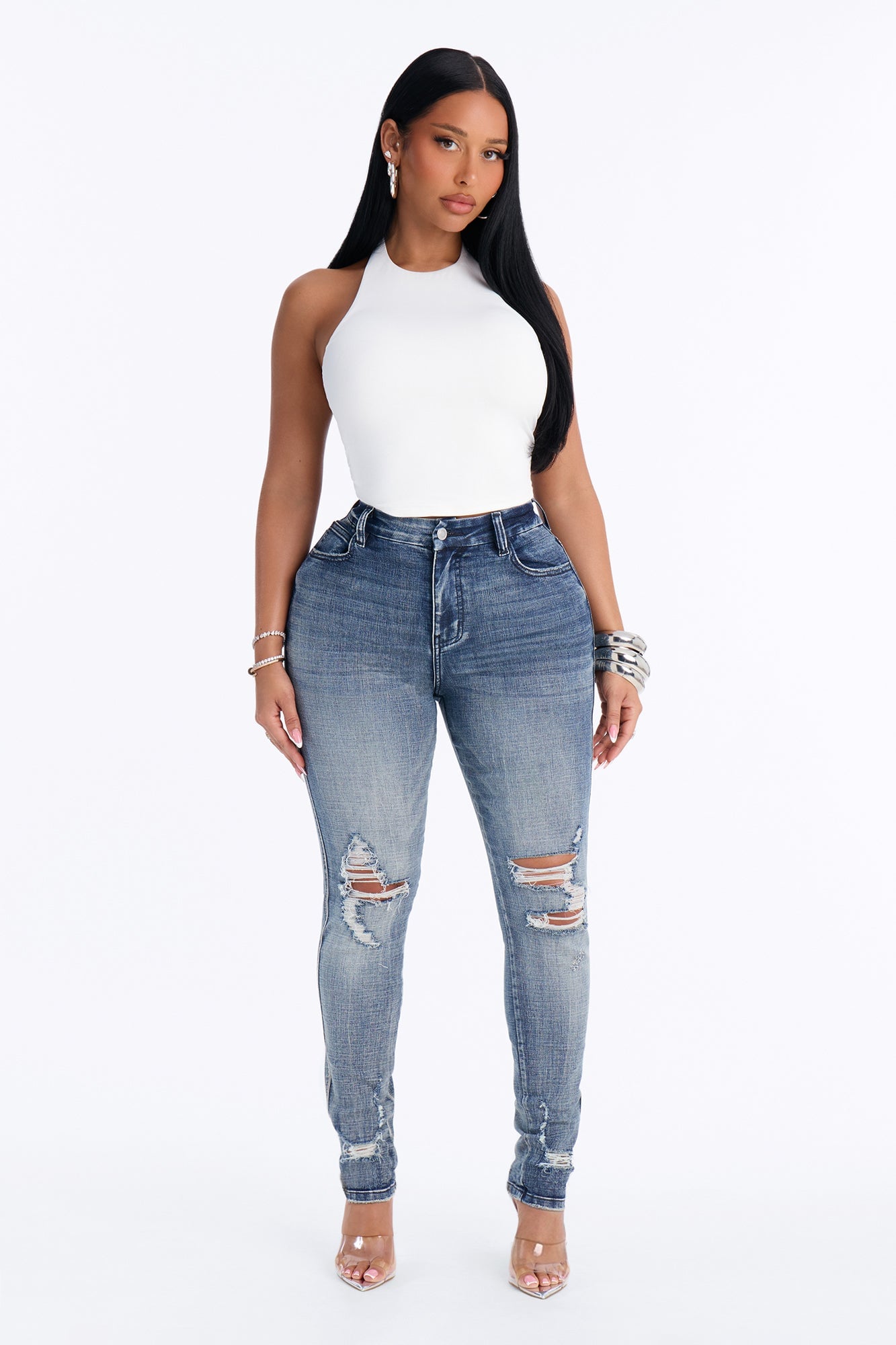 Long Story Short Ripped Sculpting Stretch Skinny Jeans - Medium Wash image 5
