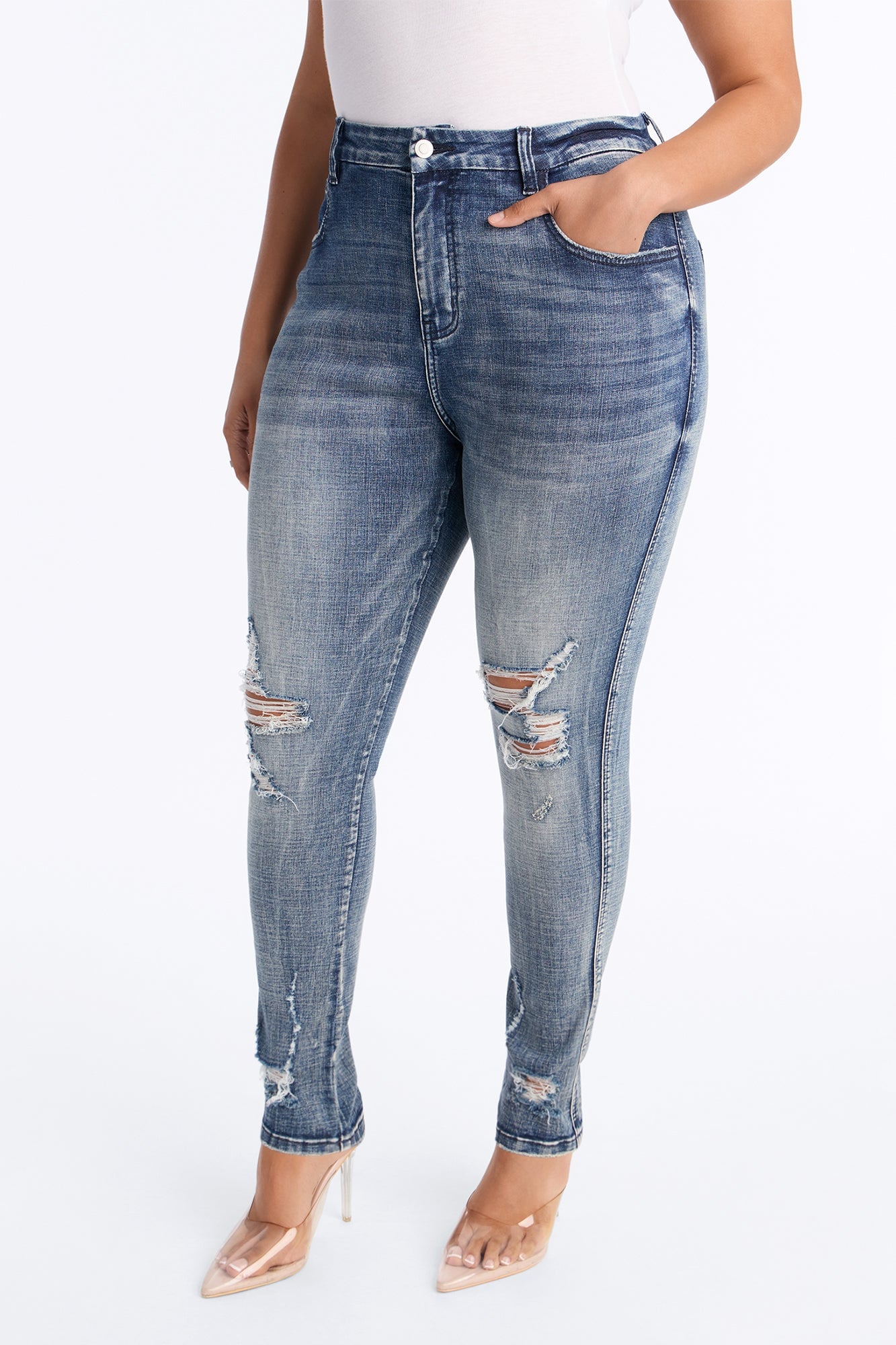Long Story Short Ripped Sculpting Stretch Skinny Jeans - Medium Wash image 1