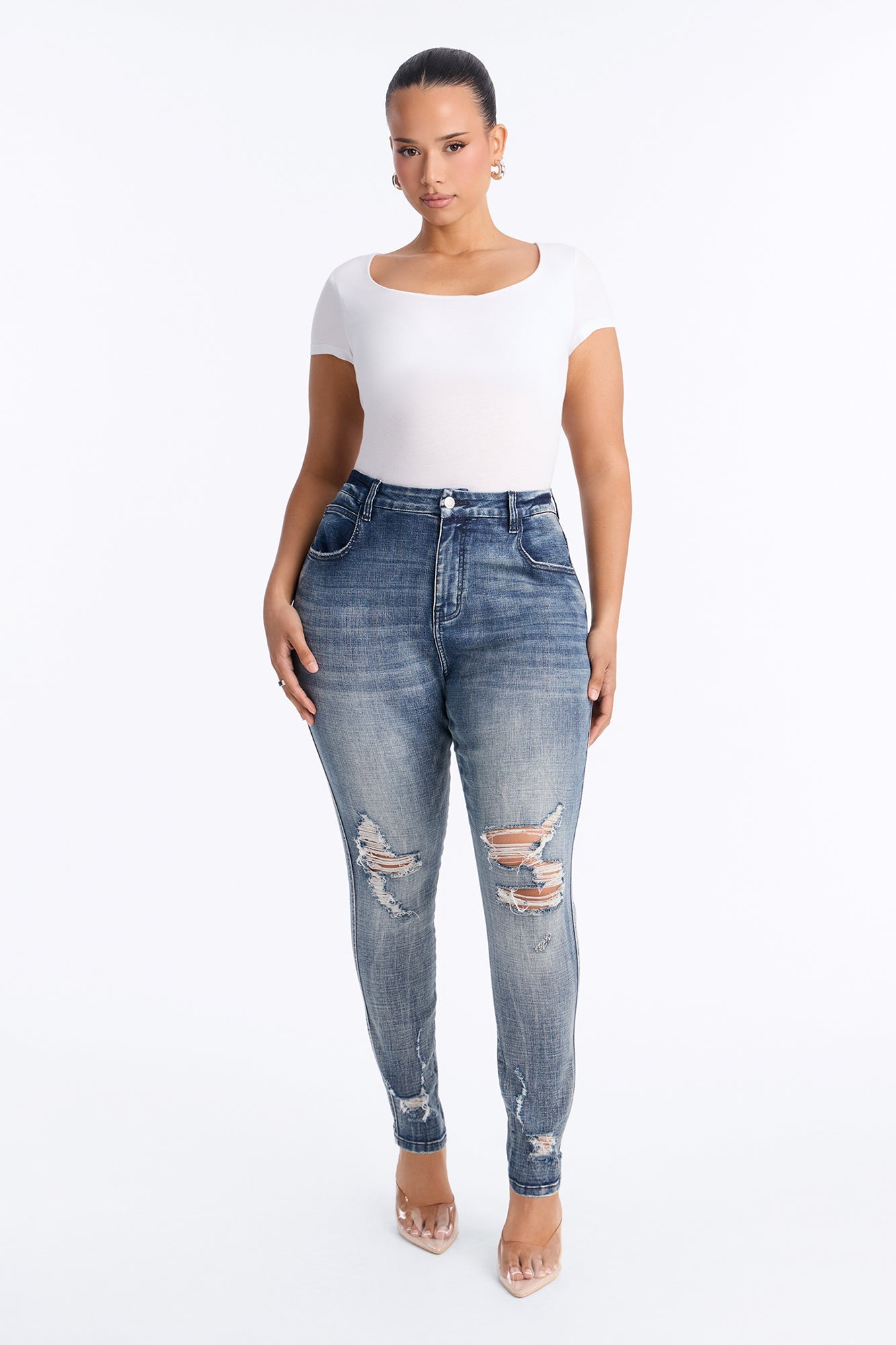 Long Story Short Ripped Sculpting Stretch Skinny Jeans - Medium Wash image 2