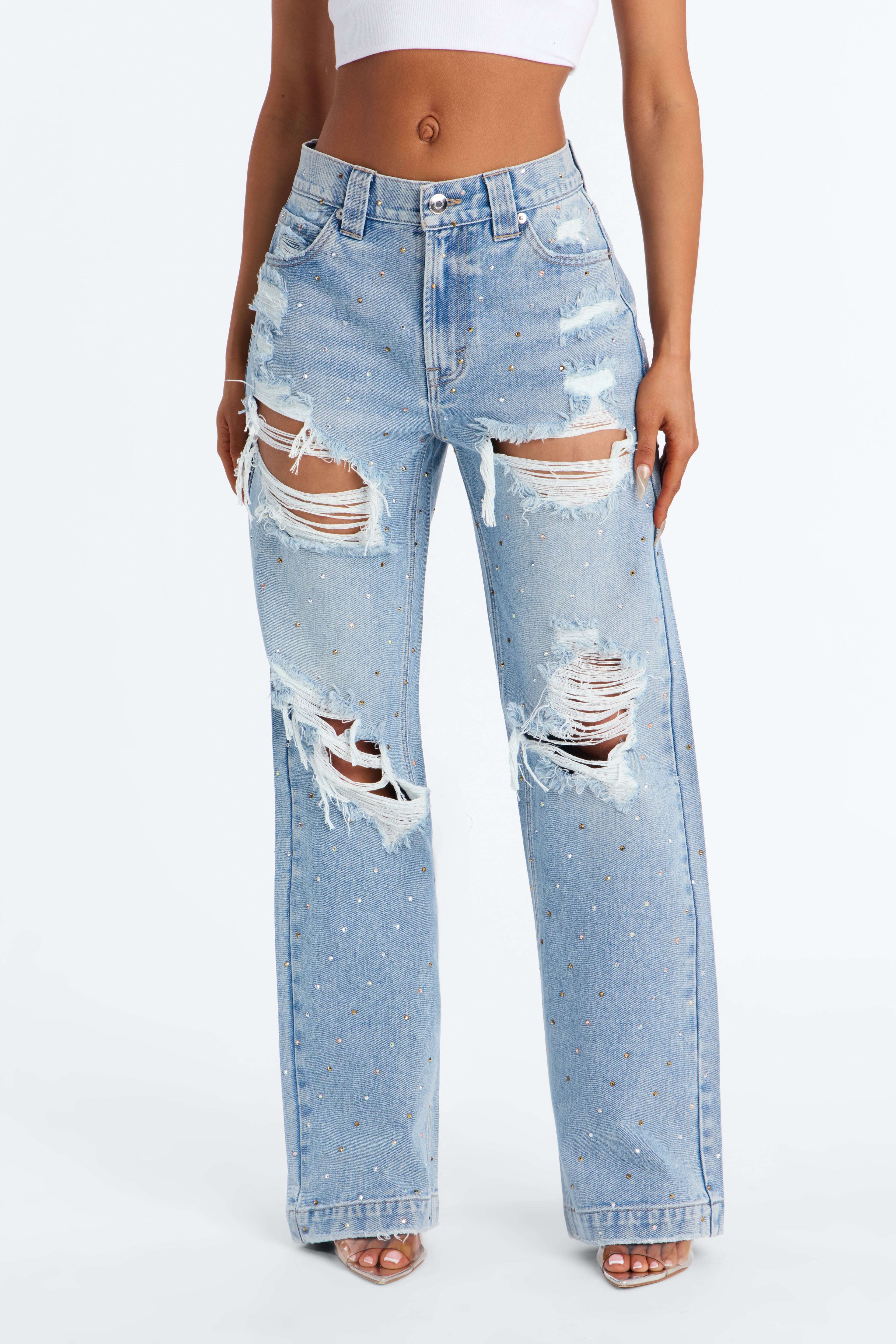 Shining Bright Embellished Ripped Straight Leg Jeans - Medium Wash image 1