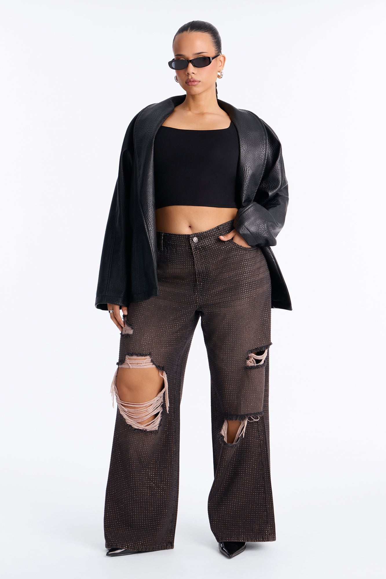 Show Off Rhinestone Embellished Ripped Wide Leg Jeans - Brown image 2
