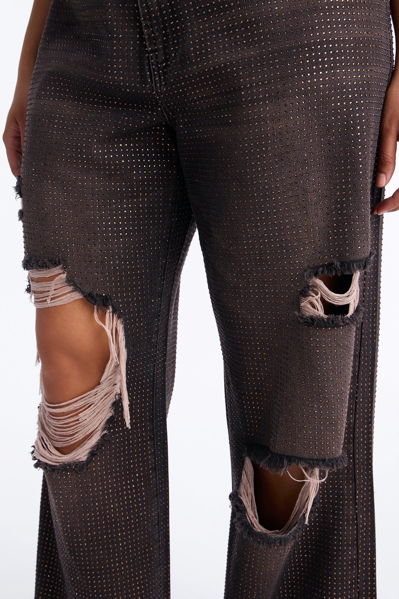 Show Off Rhinestone Embellished Ripped Wide Leg Jeans - Brown image 3