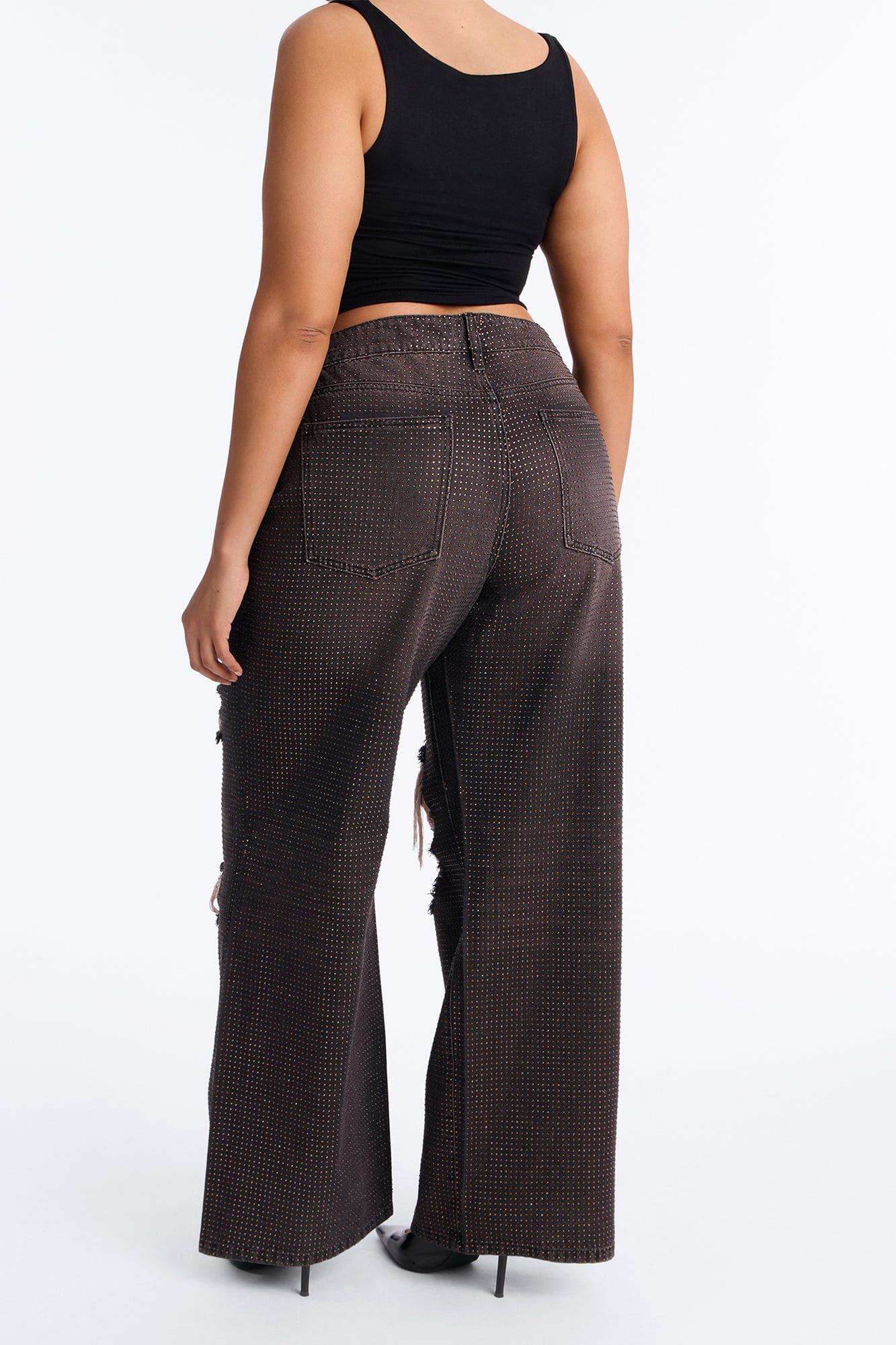 Show Off Rhinestone Embellished Ripped Wide Leg Jeans - Brown image 4