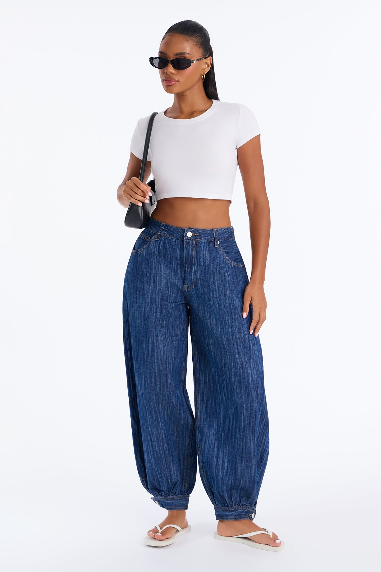 Madison Slubby Ankle Length Balloon Jeans - Dark Wash image 2