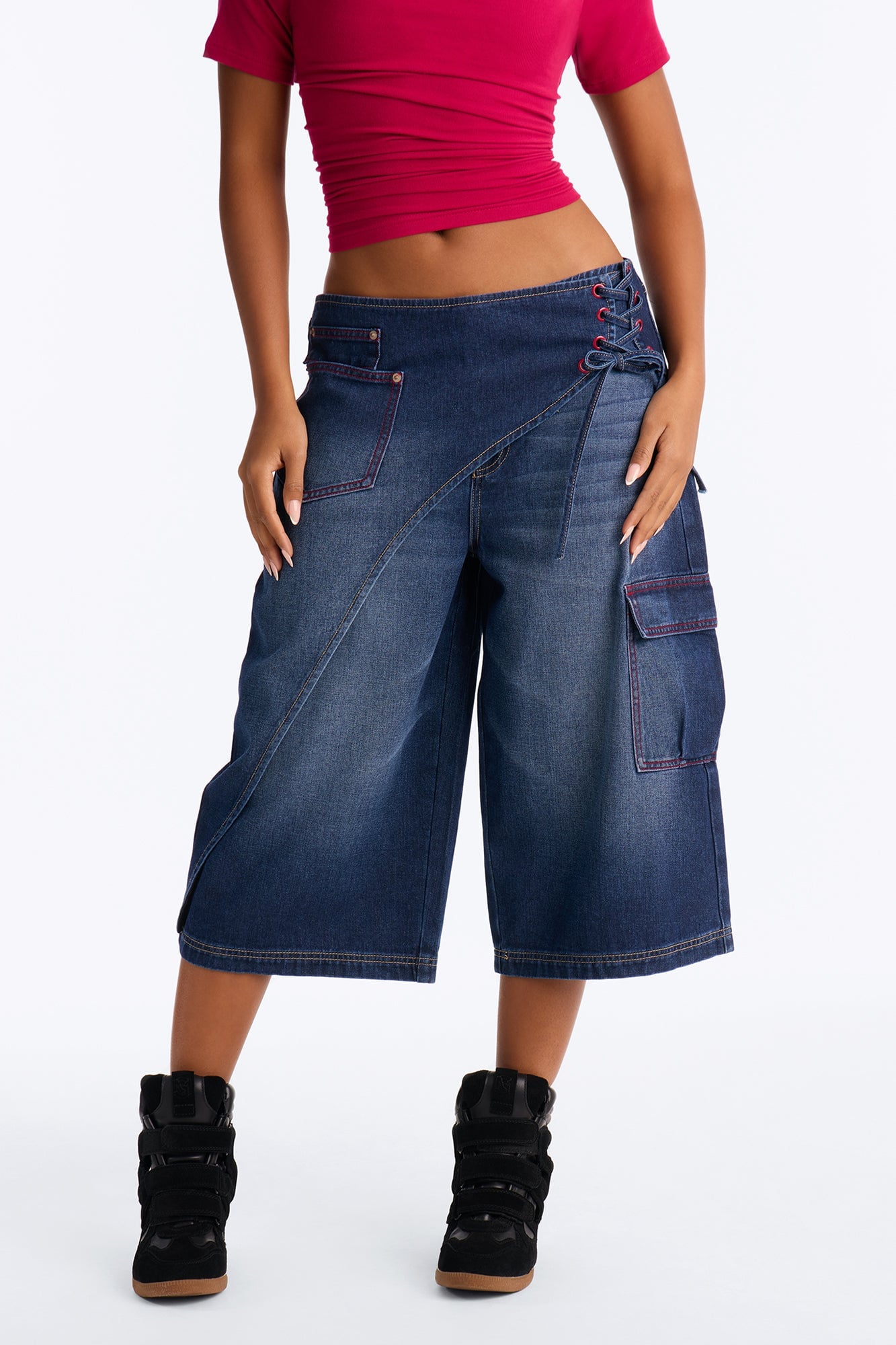 Left Unsaid Cargo Lace Up Overlay Culotte Jeans - Dark Wash image 5