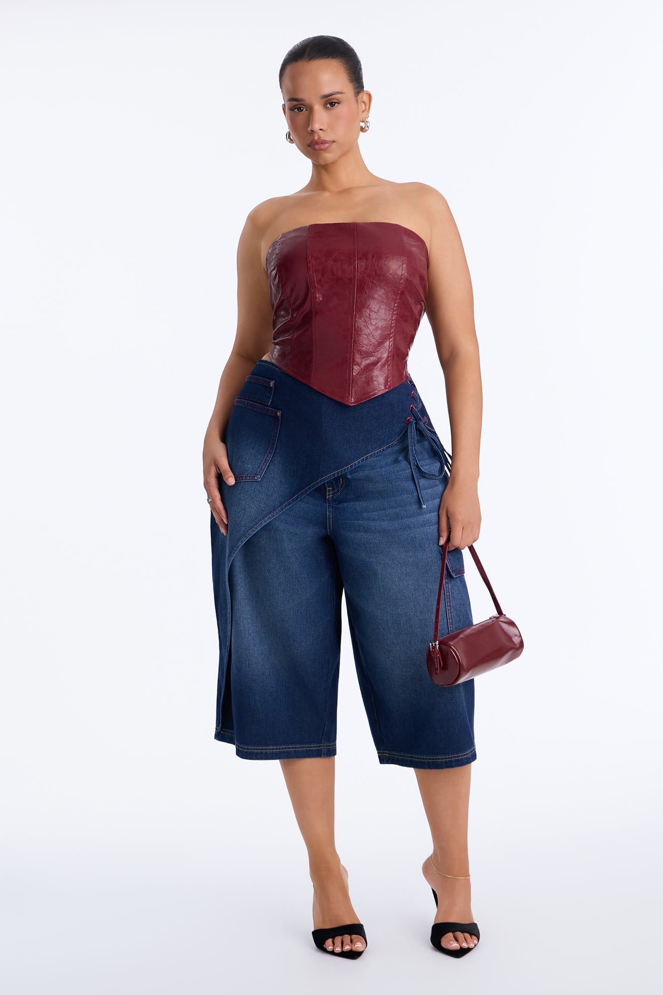 Left Unsaid Cargo Lace Up Overlay Culotte Jeans - Dark Wash image 2