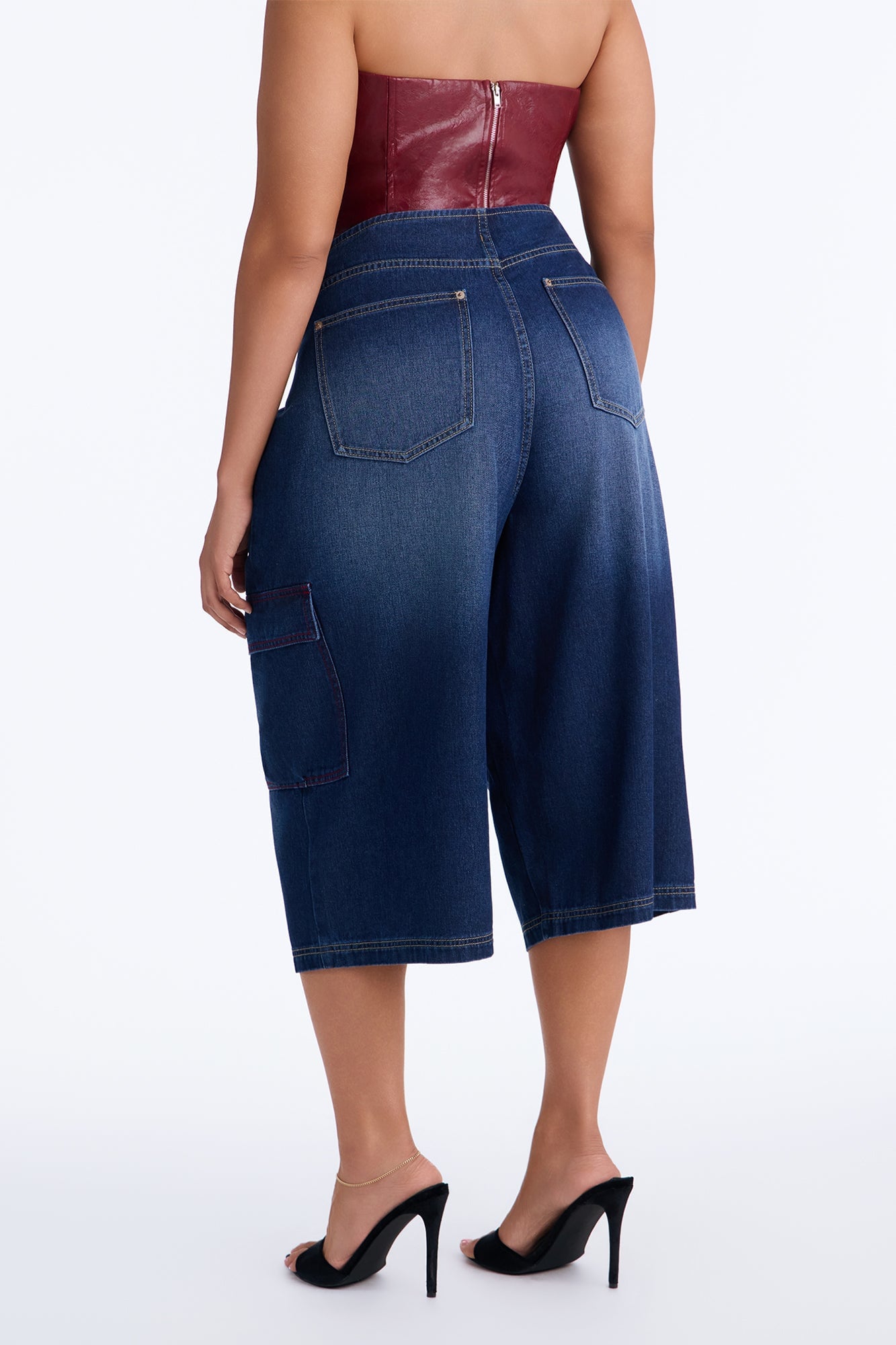 Left Unsaid Cargo Lace Up Overlay Culotte Jeans - Dark Wash image 3