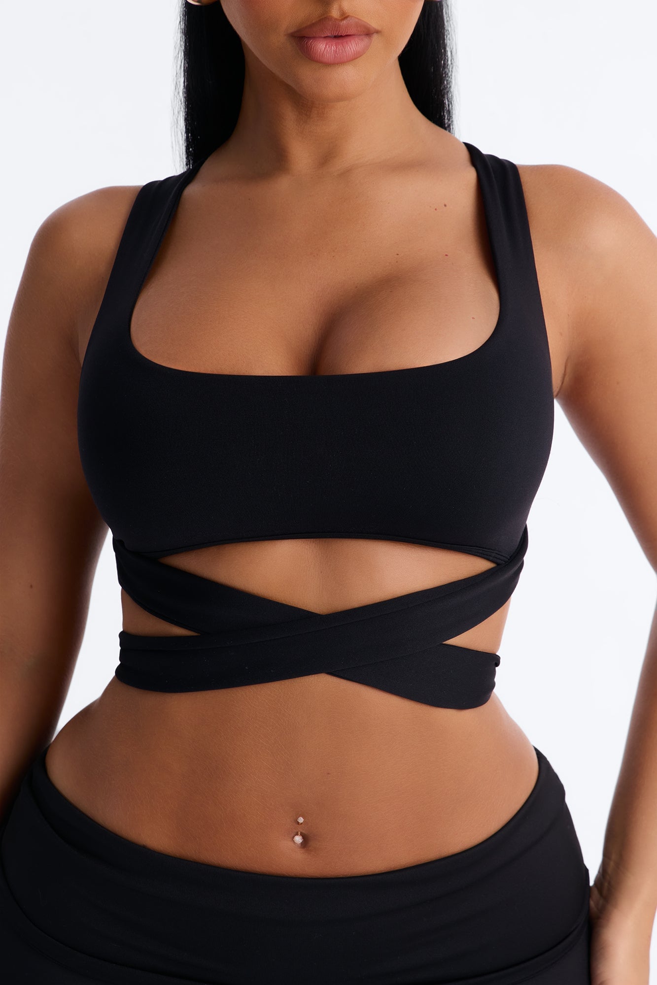 Seamless Smooth Double Lined Tie Waist Bra Top - Black image 3