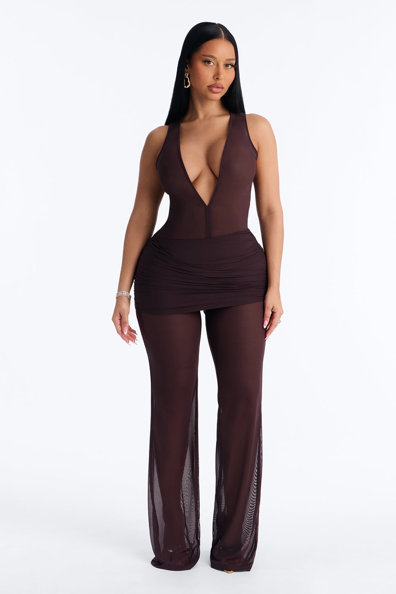 Power Mesh Foldover Ruched Flare Pant - Chocolate image 6