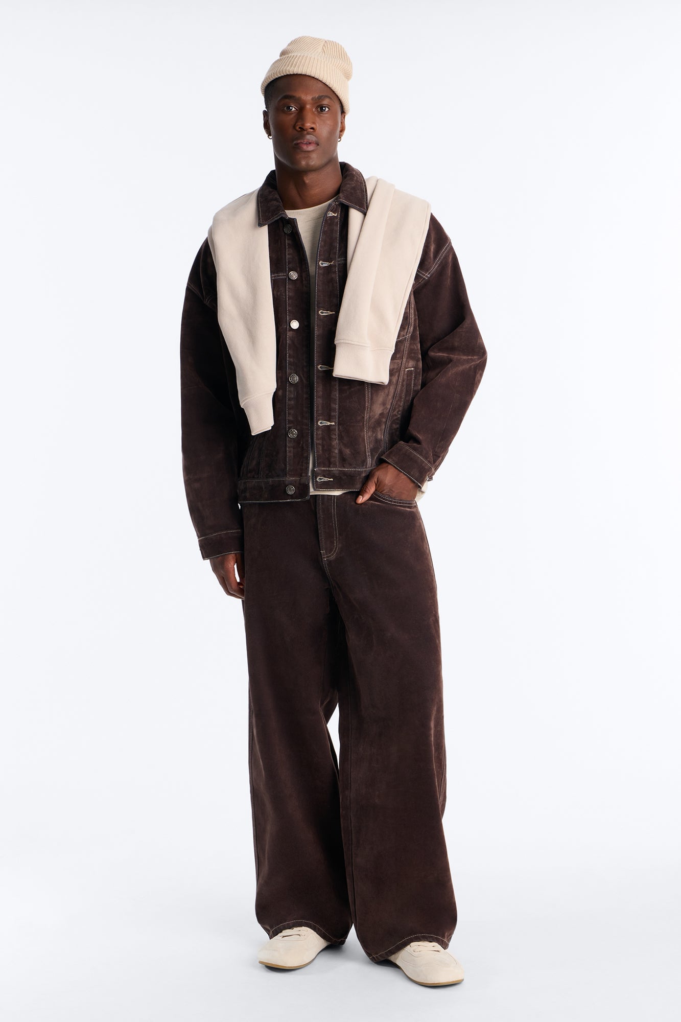 Oversized Studio Flocked Denim Trucker Jacket - Dark Brown image 6