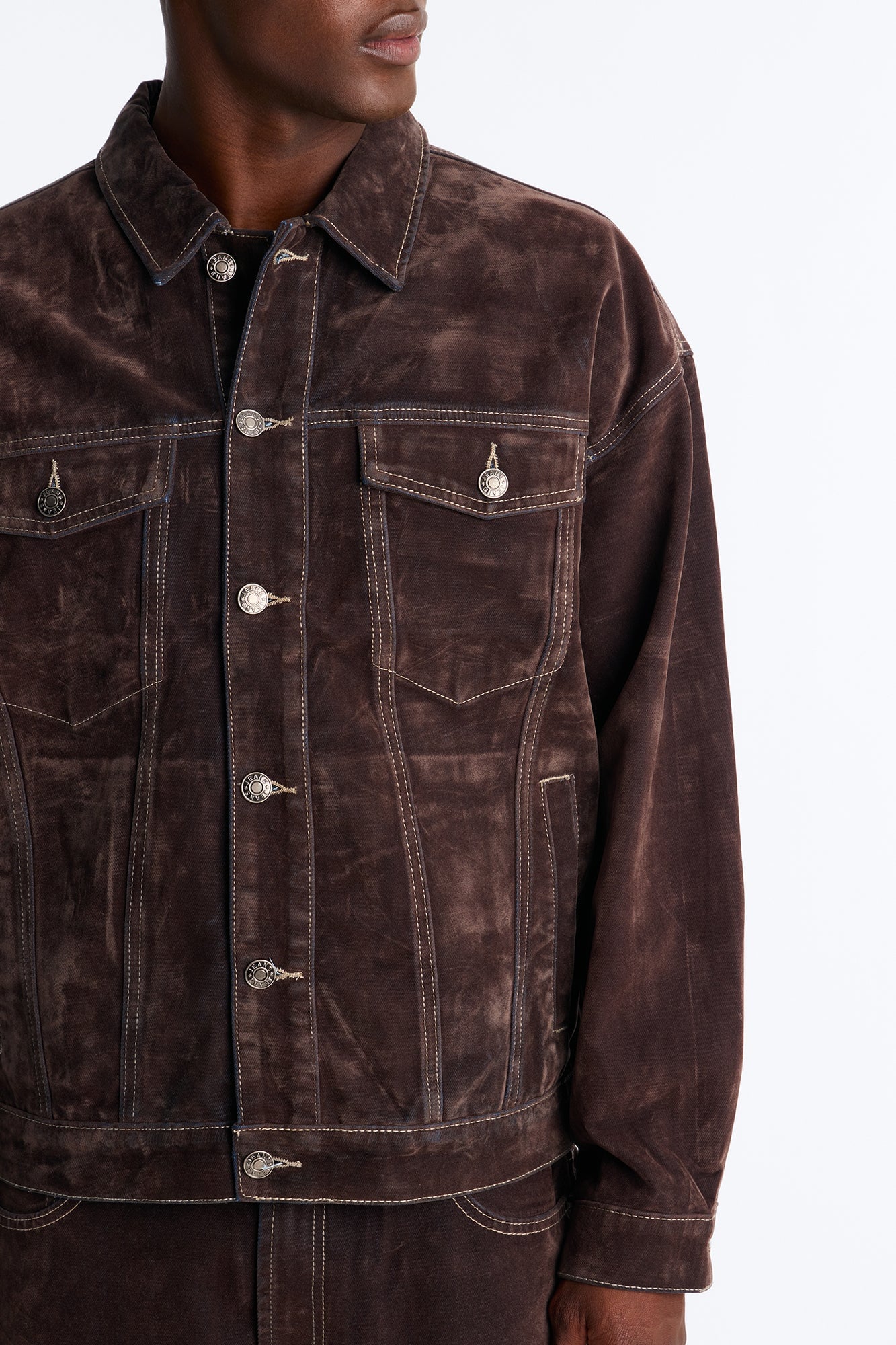 Oversized Studio Flocked Denim Trucker Jacket - Dark Brown image 7