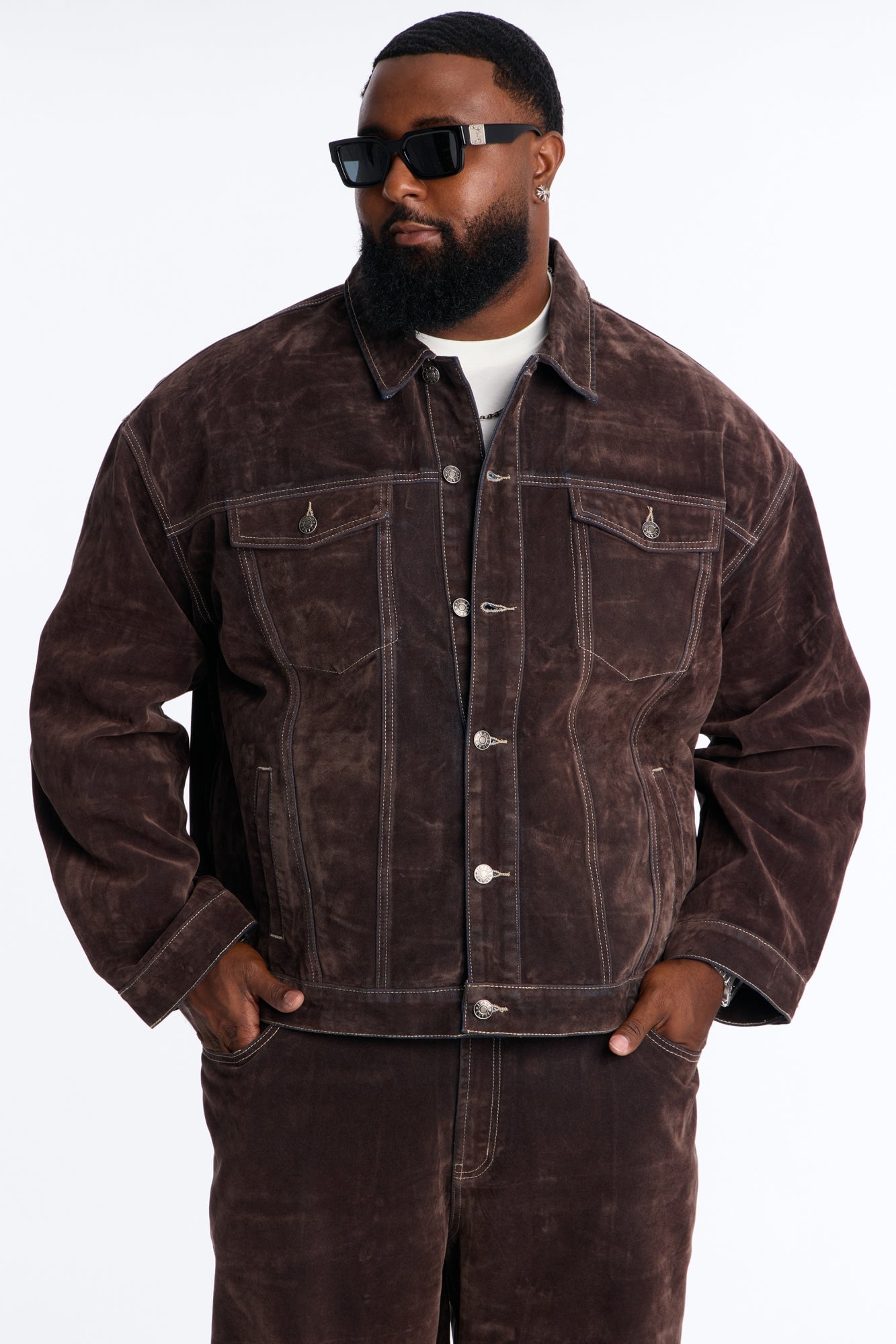 Oversized Studio Flocked Denim Trucker Jacket - Dark Brown image 1