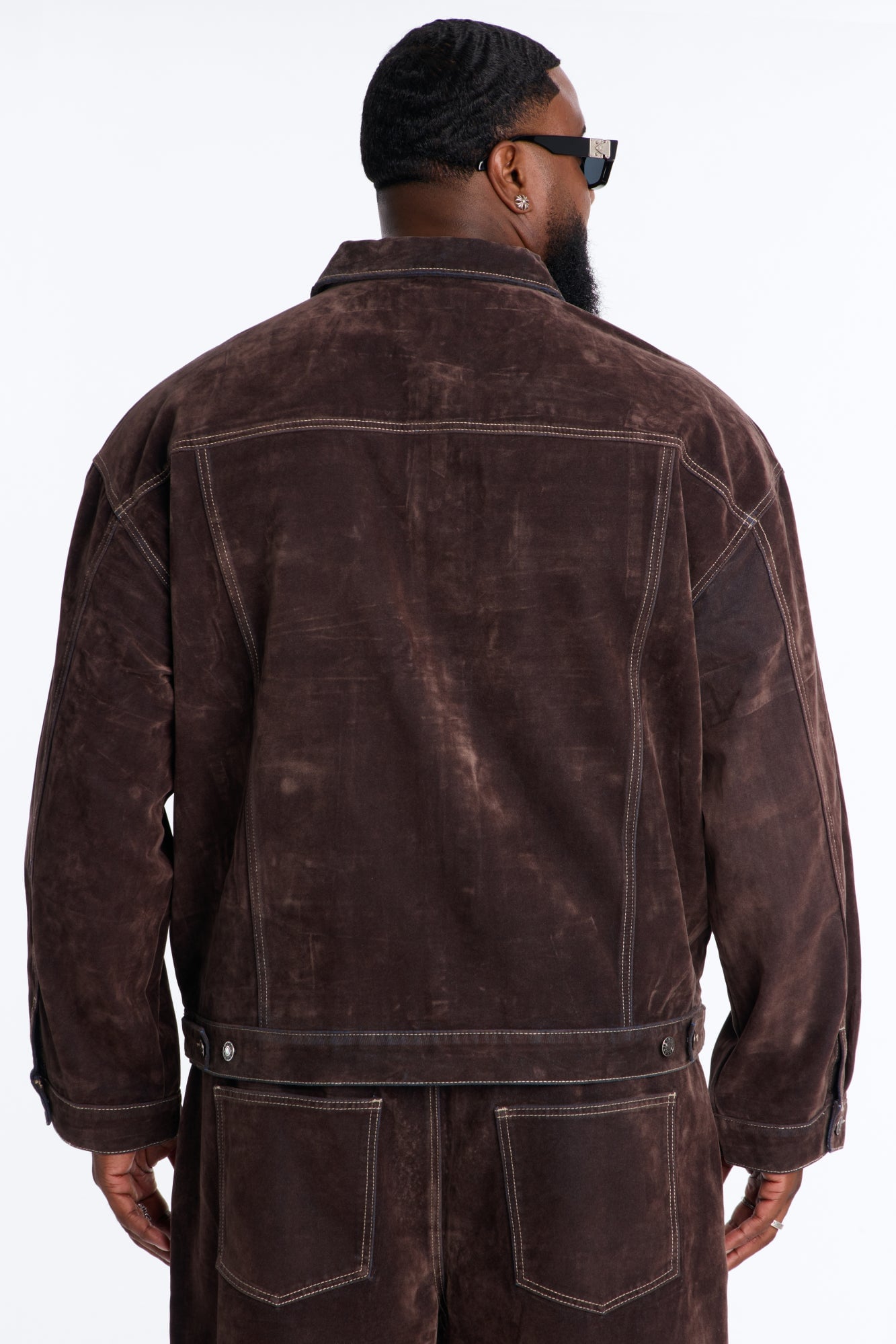 Oversized Studio Flocked Denim Trucker Jacket - Dark Brown image 4