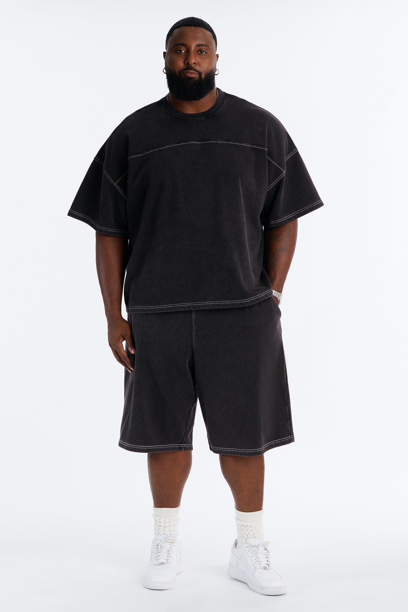 Kai Washed Contrast Stitch Baggy Sweatshort - Black image 2