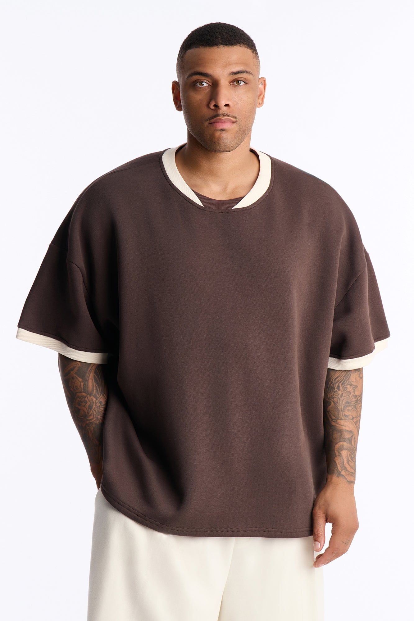 Slater Oversized Fleece Ringer Tee - Brown/combo image 1