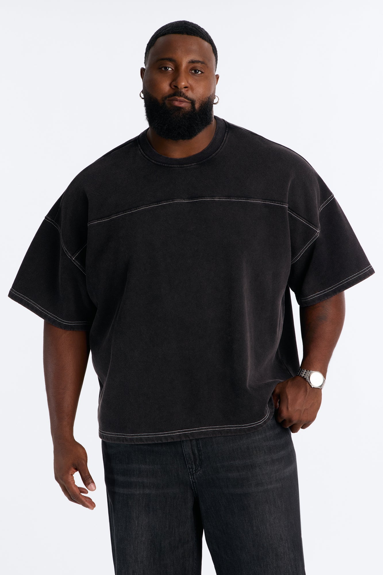 Kai Washed Contrast Stitch Oversized Fleece Tee - Black image 1