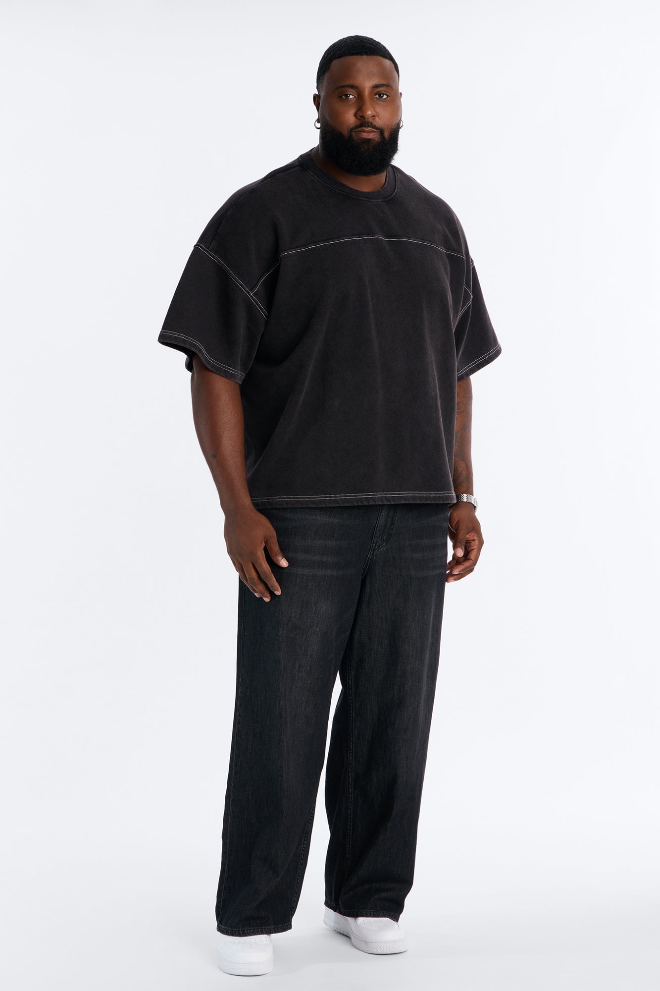 Kai Washed Contrast Stitch Oversized Fleece Tee - Black image 2
