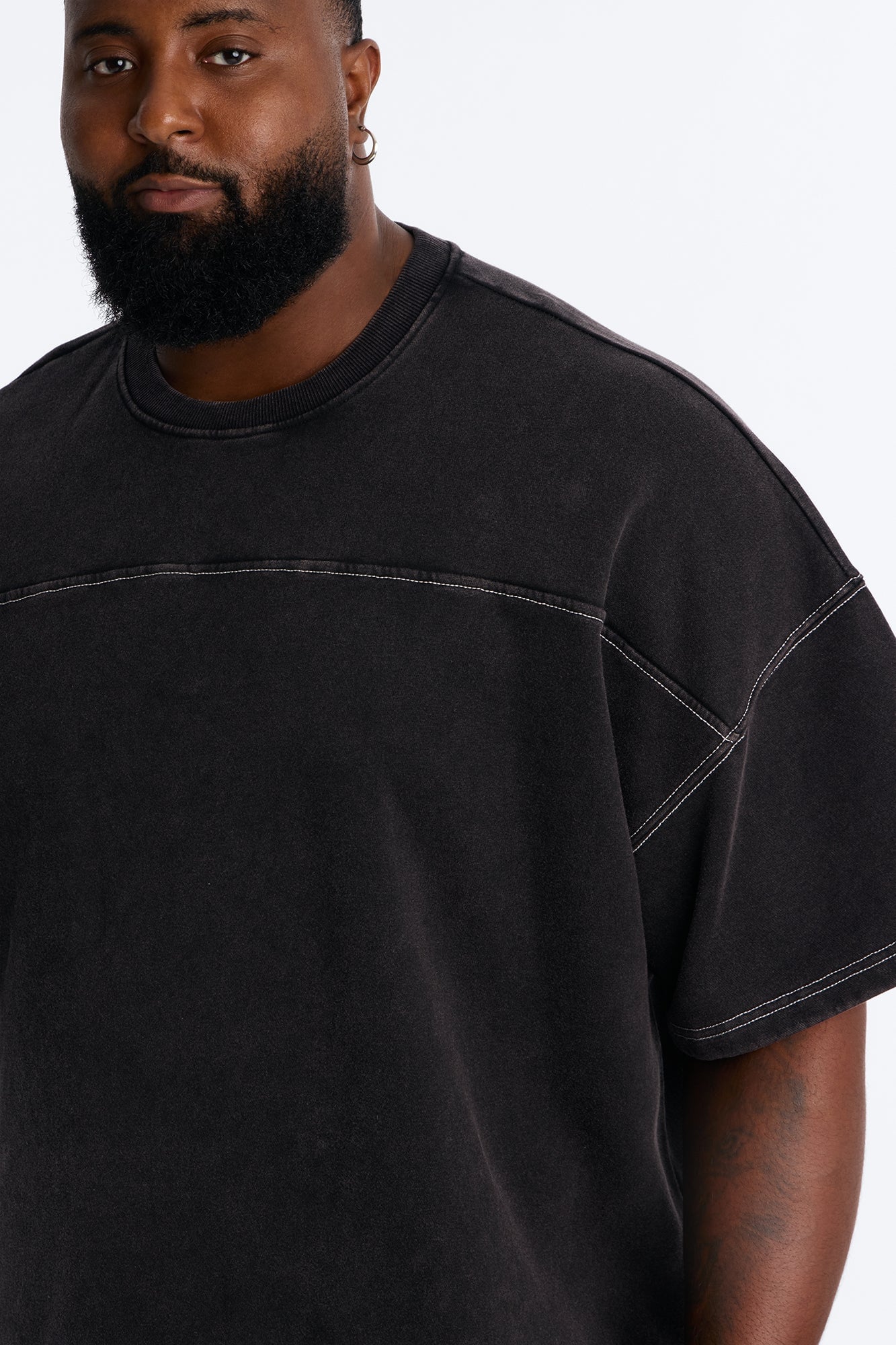 Kai Washed Contrast Stitch Oversized Fleece Tee - Black image 3